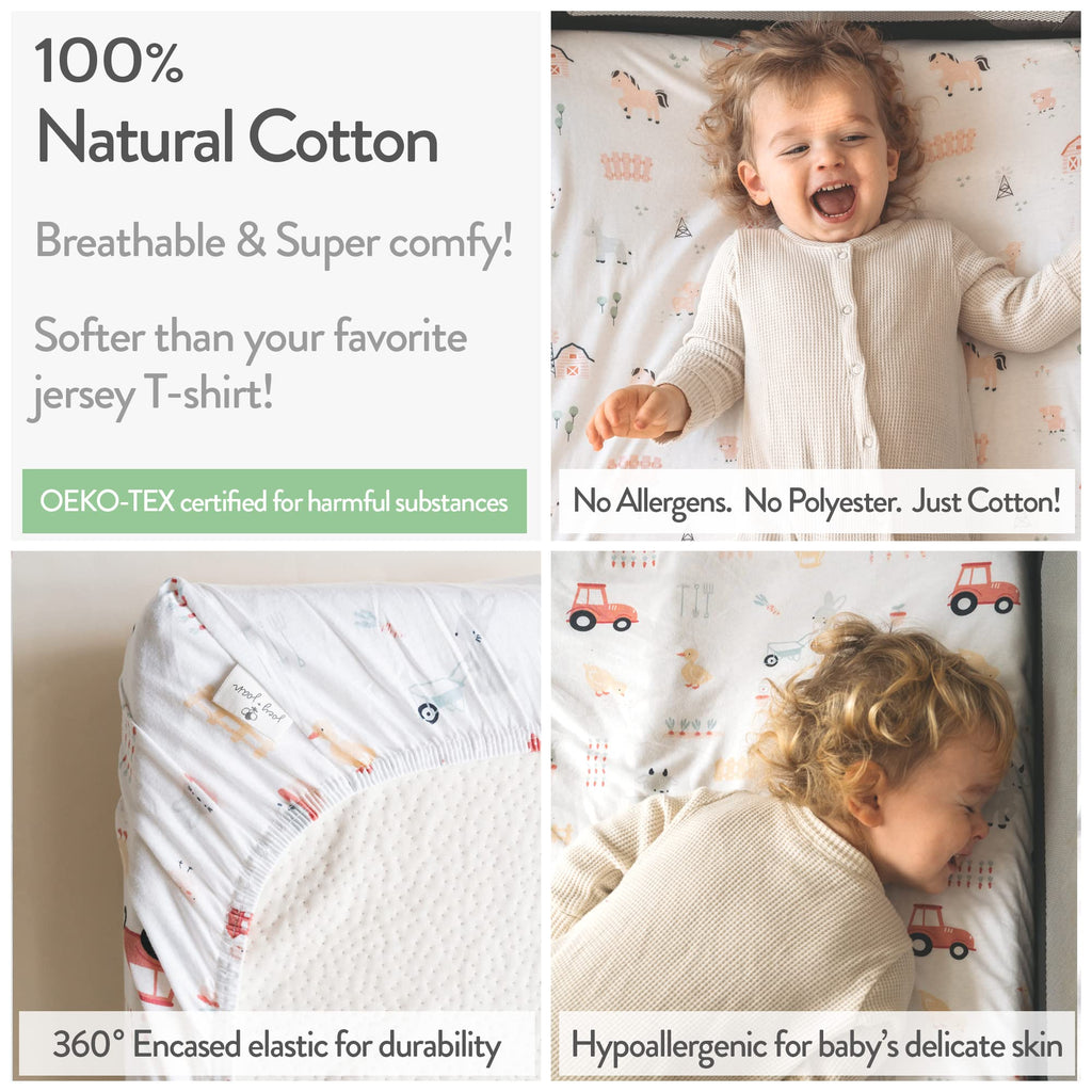 Joey + Joan Bassinet Sheets Compatible with 4moms Mamaroo Sleep Bassinet - Fits 18 x 30 Inch Oval Bassinet Mattress – Buttery Soft 100% Cotton – 2 Pack – Farm Animals – 2 Pack