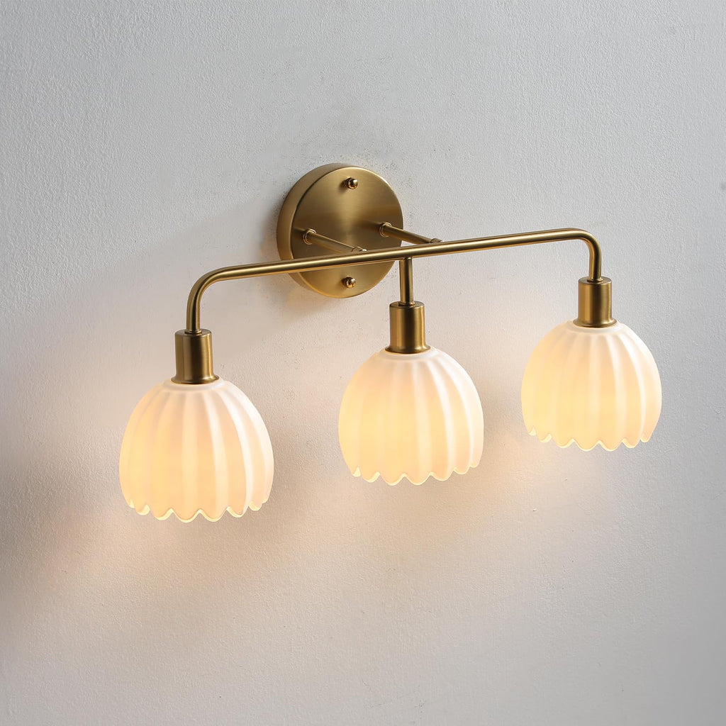1-Light Gold Brass Bathroom Light Fixture,Wall Sconces set of 2,Brushed Gold Vanlity Light Over Mirror,Bathroom Vanity Light with White Tulip Glass Flower Shade,E26 Socket(Bulbs Not Included)