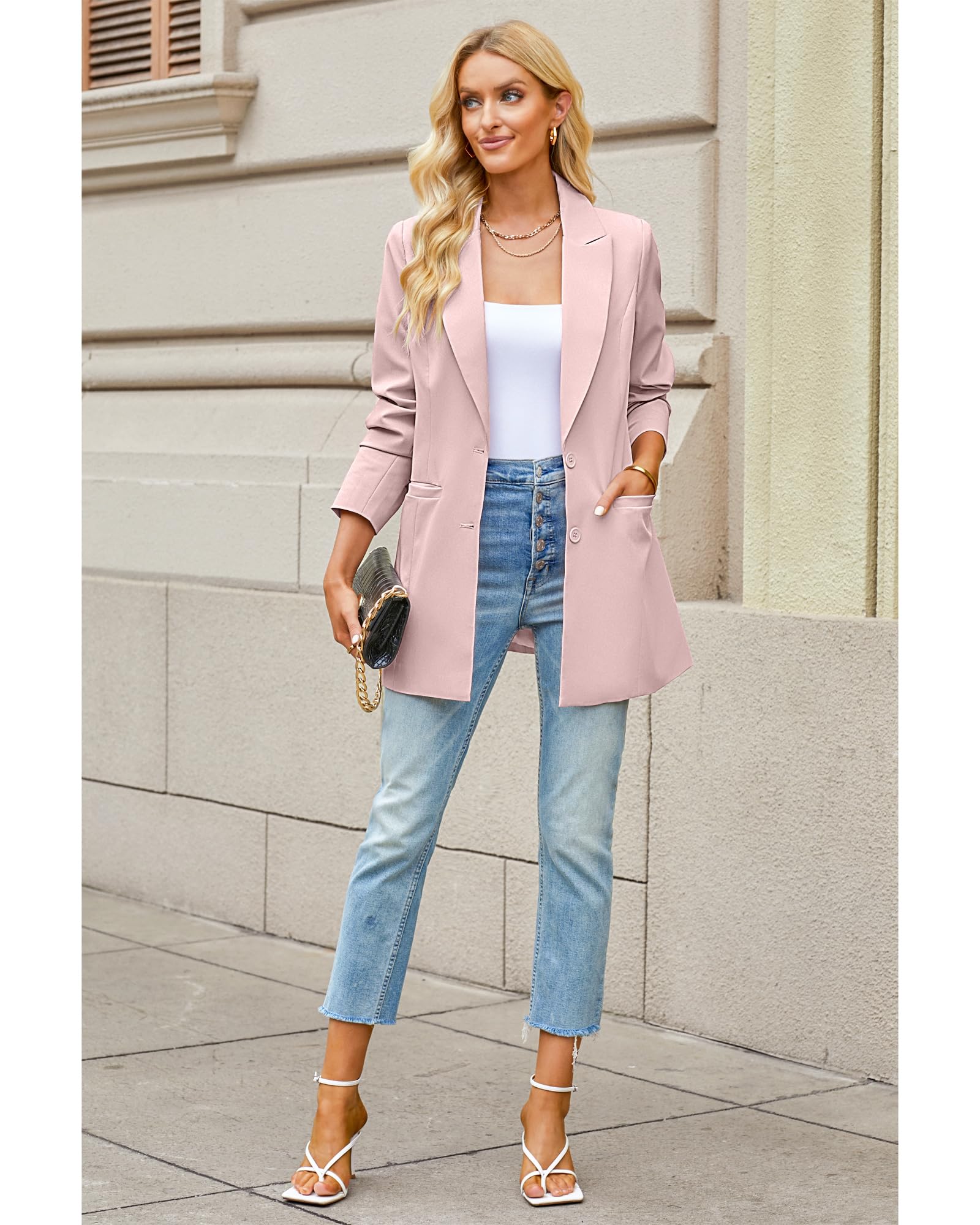 luvamia Blazers for Women Business Casual Long Blazer Jackets Dressy Work Professional Office Outfits Lapel Pockets