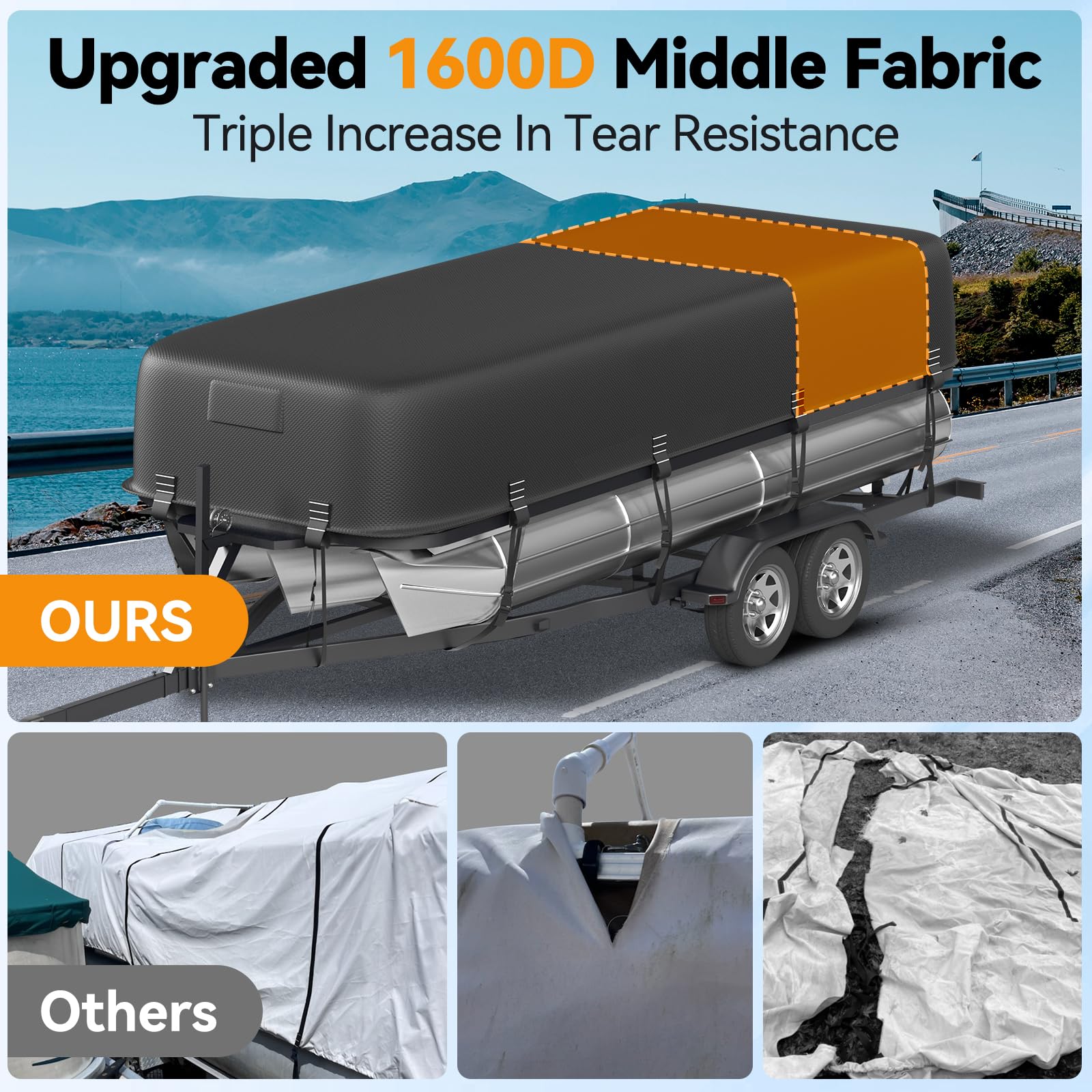 5-Ply 1600D+1200D Pontoon Boat Cover - Fully Waterproof & Ultra-Durable Tear-Resistant, with Large Storage Bag & Reinforced Windproof Straps (Fits 17'-20' Length,102" Width)