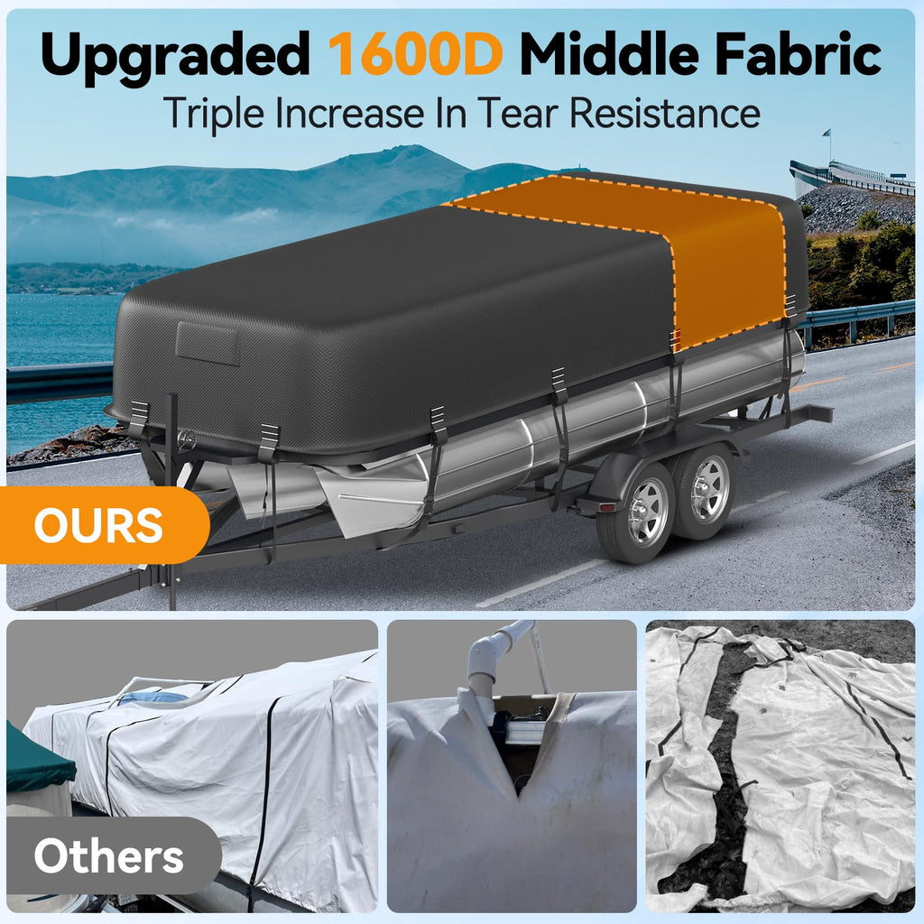5-Ply 1600D+1200D Pontoon Boat Cover - Fully Waterproof & Ultra-Durable Tear-Resistant, with Large Storage Bag & Reinforced Windproof Straps (Fits 17'-20' Length,102" Width)
