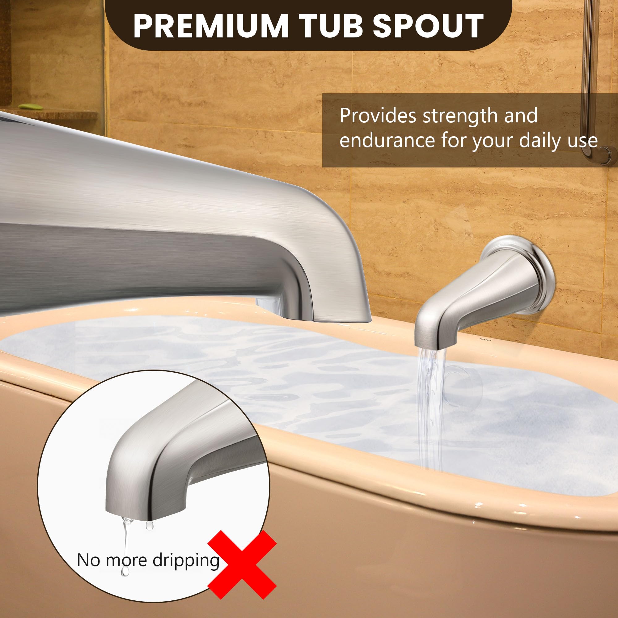 Dreyoo Tub Spout (Universal Fits 1/2" Copper Pipe, 1/2" IPS and 3/4" IPS), Bathroom Bathtub Faucet with Adapters and Hex Wrench(Brushed Nickel,Simple)