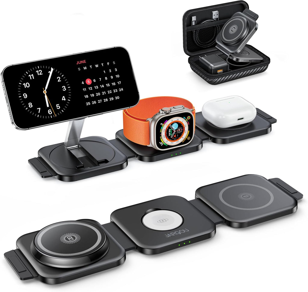 JARGOU 3 in 1 Charging Station for iPhone 16/15/14/13/12 Series, Travel Charger for Multiple Devices for AirPods 4/3/2/Pro,Wireless Charger Magnetic Charging for Apple Watch S10 Series(Black)