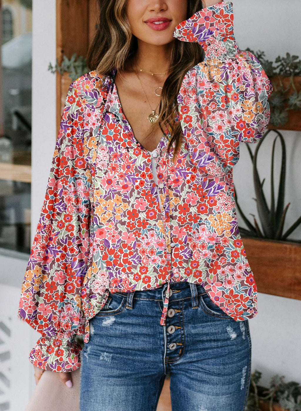 Biucly Women's Casual Boho Floral Print V Neck Long Sleeve Drawstring Tops Loose Blouses Button Down Shirts