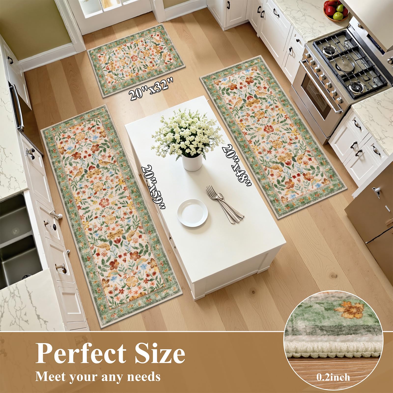 HEBE Boho Kitchen Rug Sets 3 Piece with Runner Non Slip Kitchen Rugs and Mats Washable Kitchen Mats for Floor Thick Kitchen Floor Mat Carpet Runner Rugs for Hallway Laundry Holiday Decor