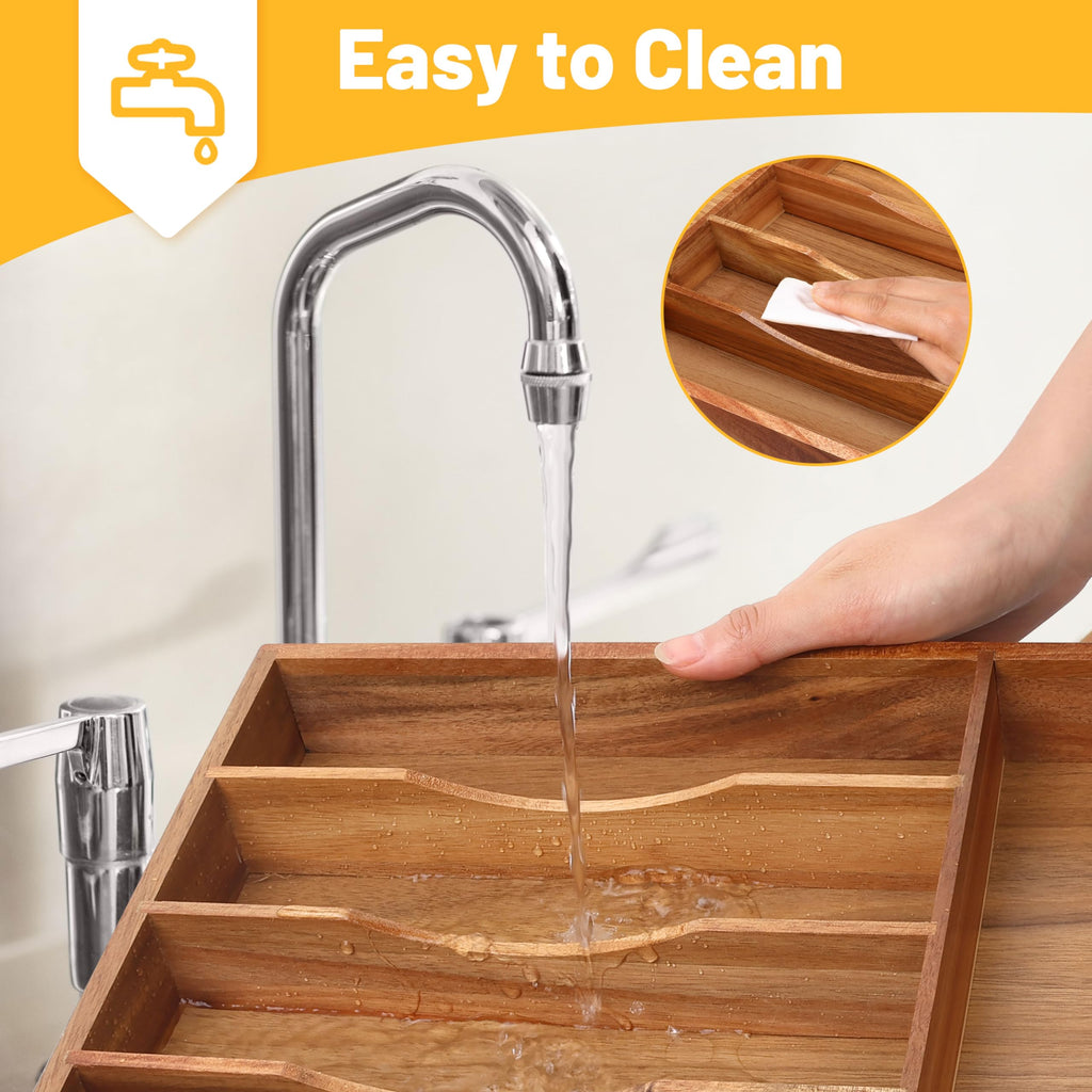 Expandable Acacia Kitchen Drawer Organizer for Cutlery and Utensils, Adjustable Acacia Wood Cutlery Tray in Drawer for Flatware and Silverware in Kitchen