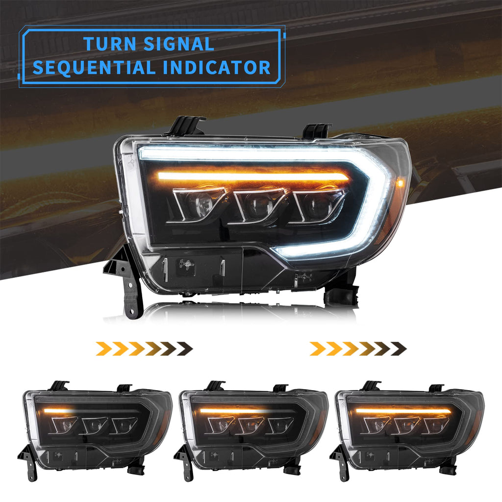 VLAND LED Headlights Compatible with Toyota Tundra 2007-2013/ Sequoia 2008-2021 w/Sequential Turn Signal, w/Diamond White DRL w/LED Reflection bowl Amber Reflector Black Trim Panel