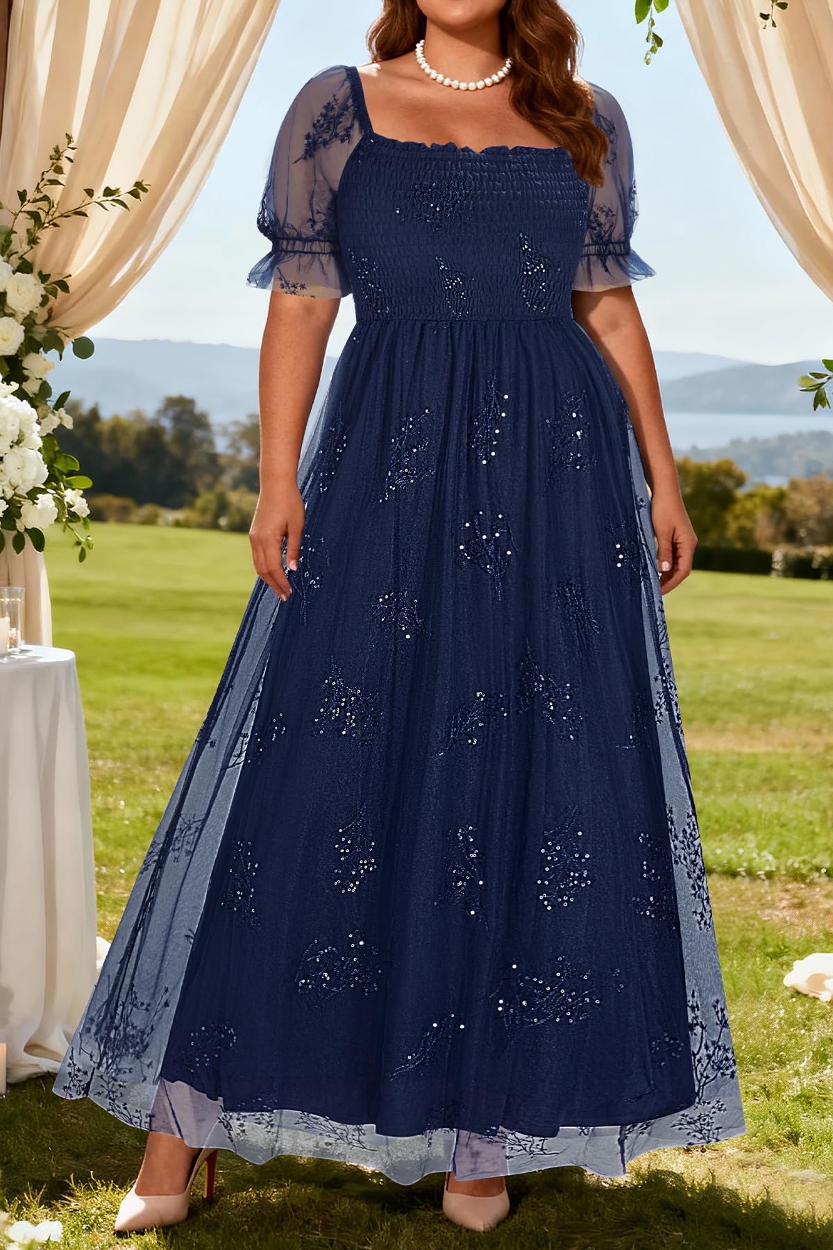 Plus Size Formal Dresses - Bridesmaid Leaf Embroidery with Sequin Tulle Prom Long Dress
