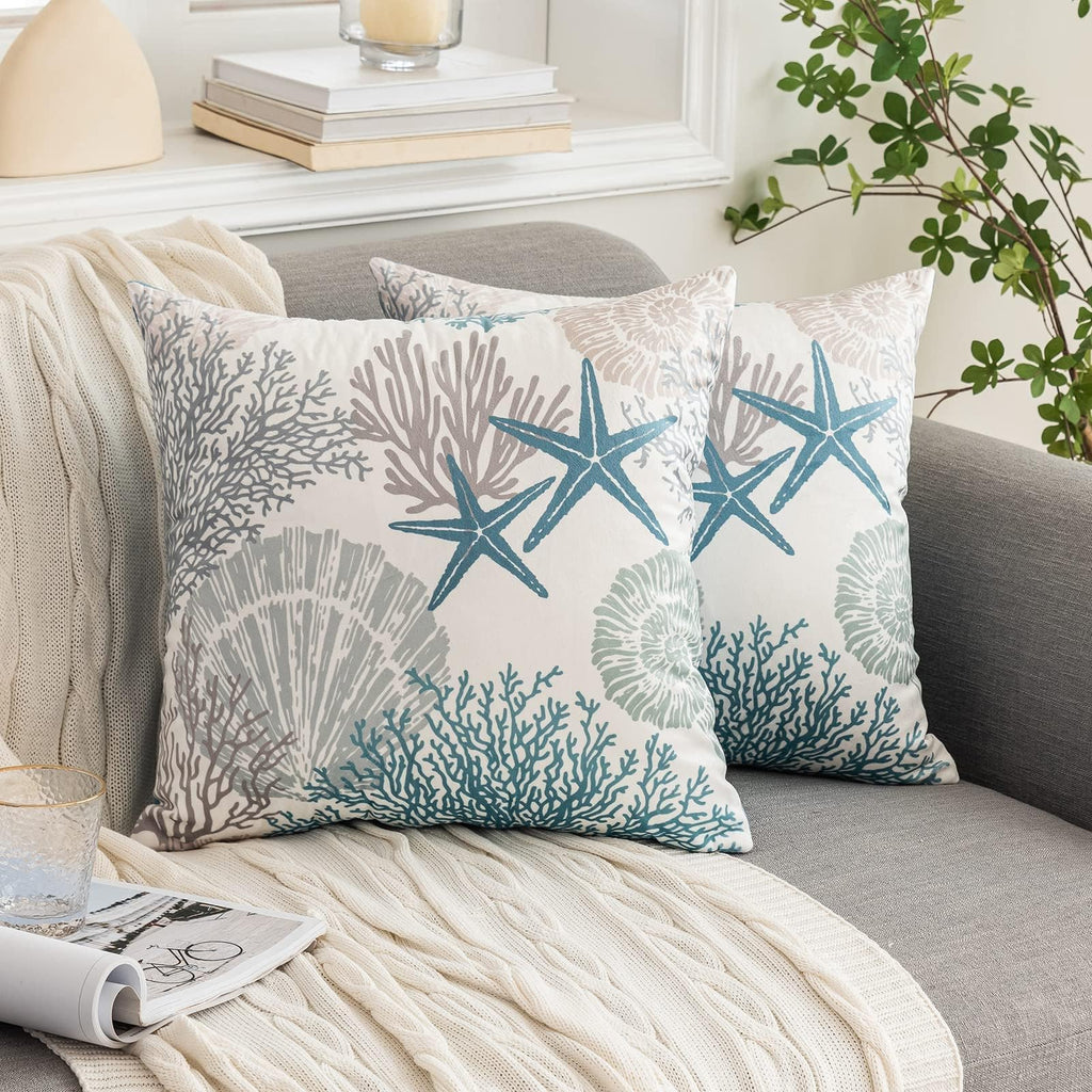 Tritard Nautical Coastal Throw Pillow Covers 16x16 Set of 2 Beach Themed Ocean Seashell Coral Starfish Velvet Couch Decorative Pillow Cases Outdoor Sofa Cushion Cover for Bedroom Living Room, Blue