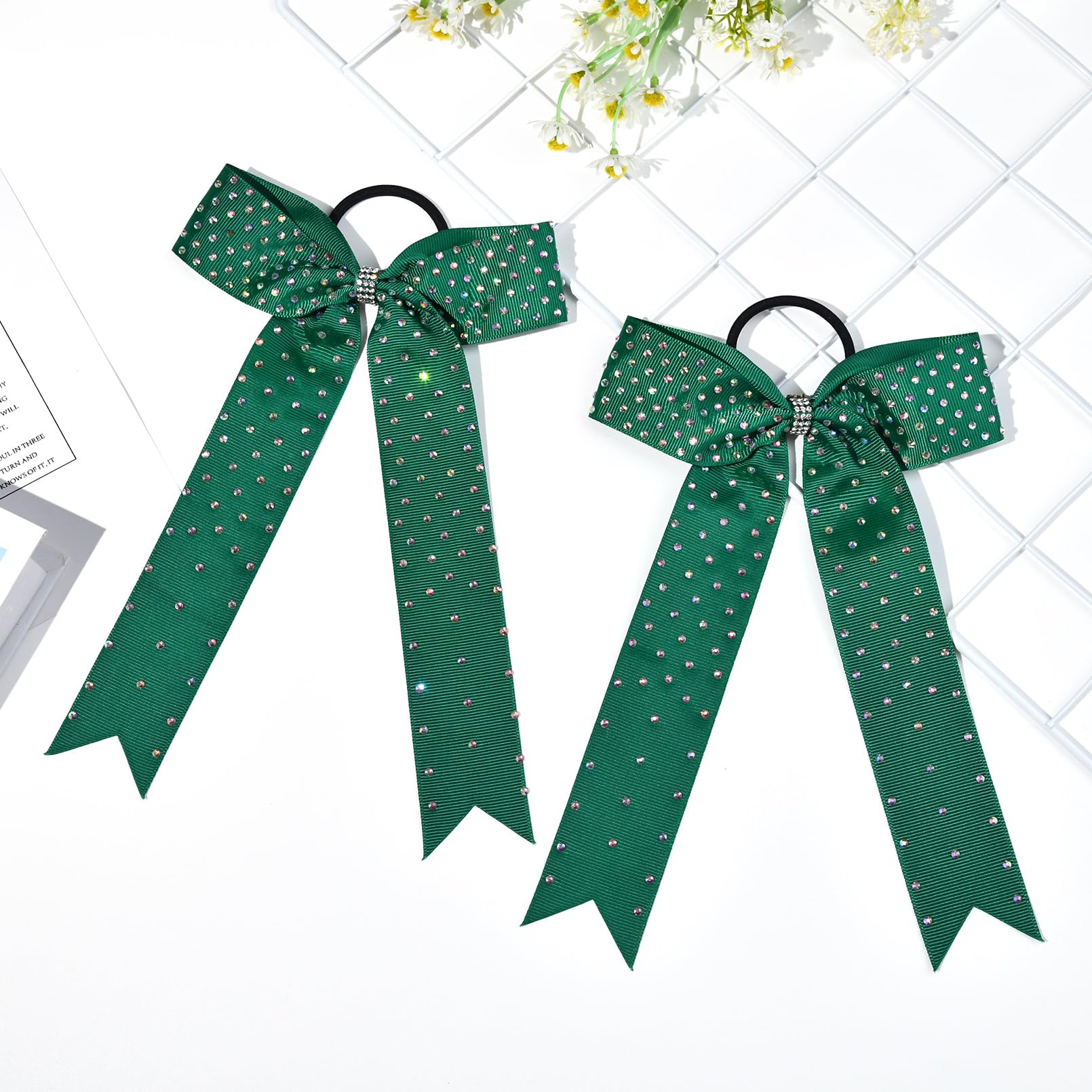 DEEKA 12 Count Collegiate Style Cheer Bows, Forest Green with Rhinestones, Handmade Bows for Girls Teens Cheerleader Sports