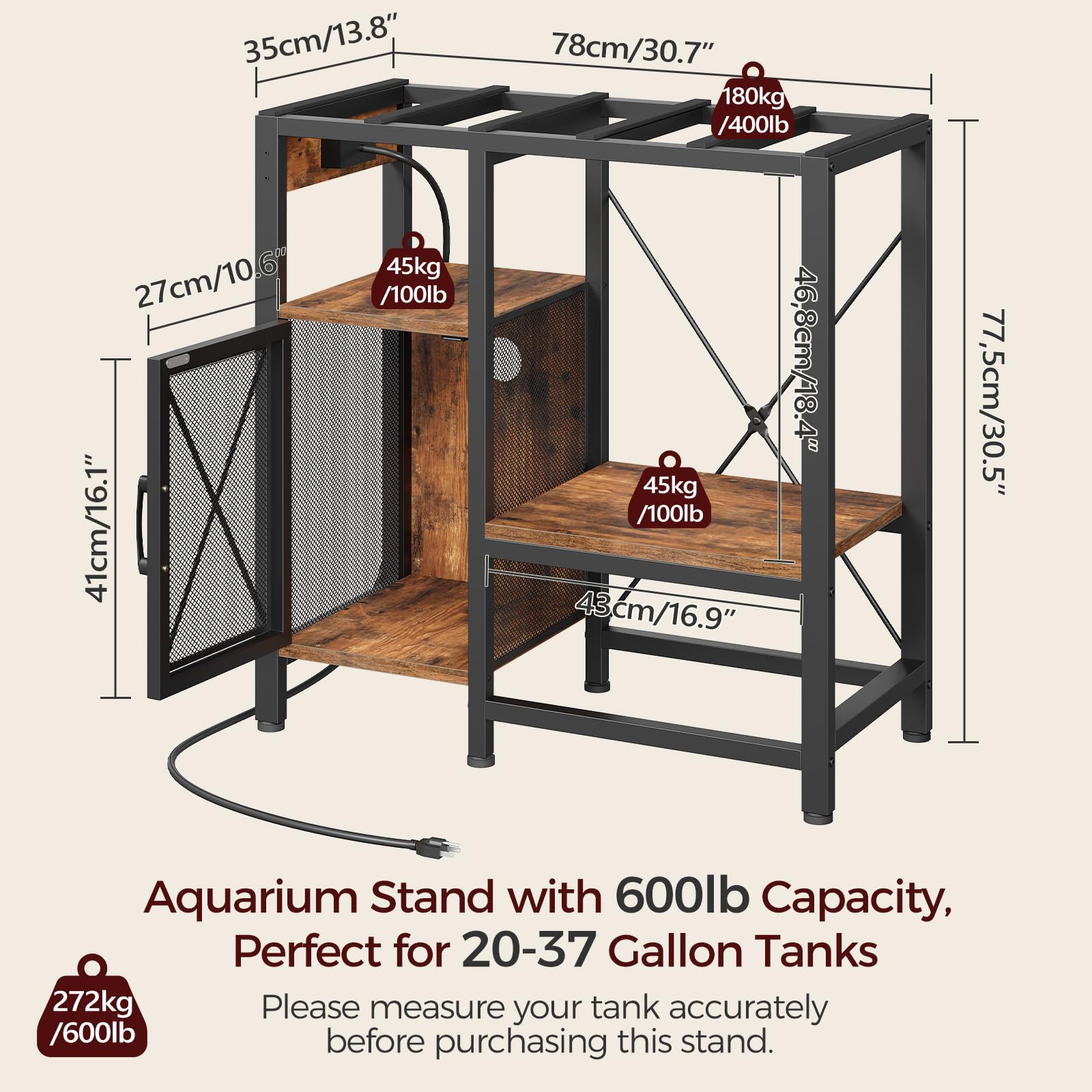 MAHANCRIS 20-37 Gallon Fish Tank Stand, Aquarium Stand with Power Outlet and Storage Cabinet, Heavy Duty Tank Stand Suitable for Turtle Tank, Reptile Terrarium, for Home Office, Black FTHB40E01