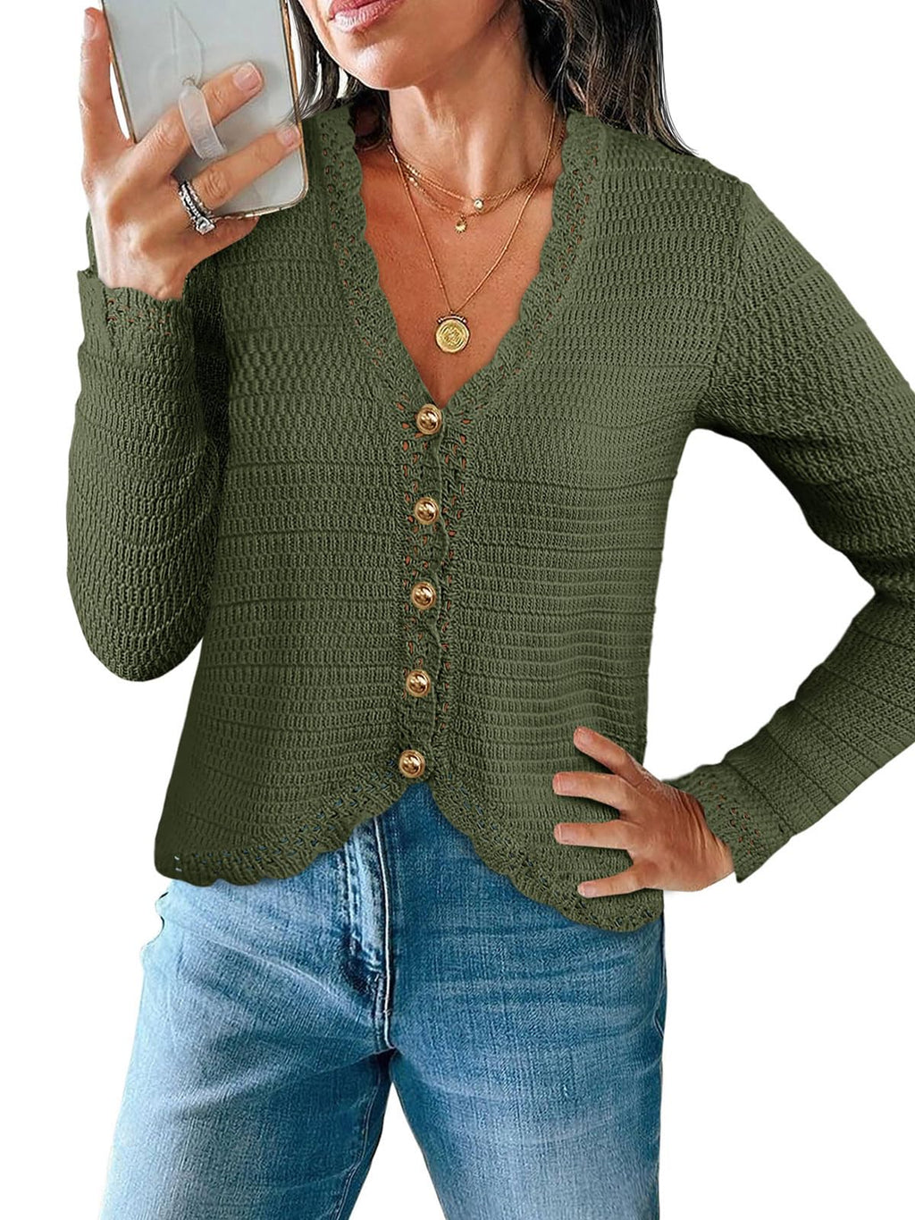 Saodimallsu Womens V Neck Cardigan Sweaters Button Up Cropped Boho Knit Long Sleeve Loose Trendy Sweater Tops