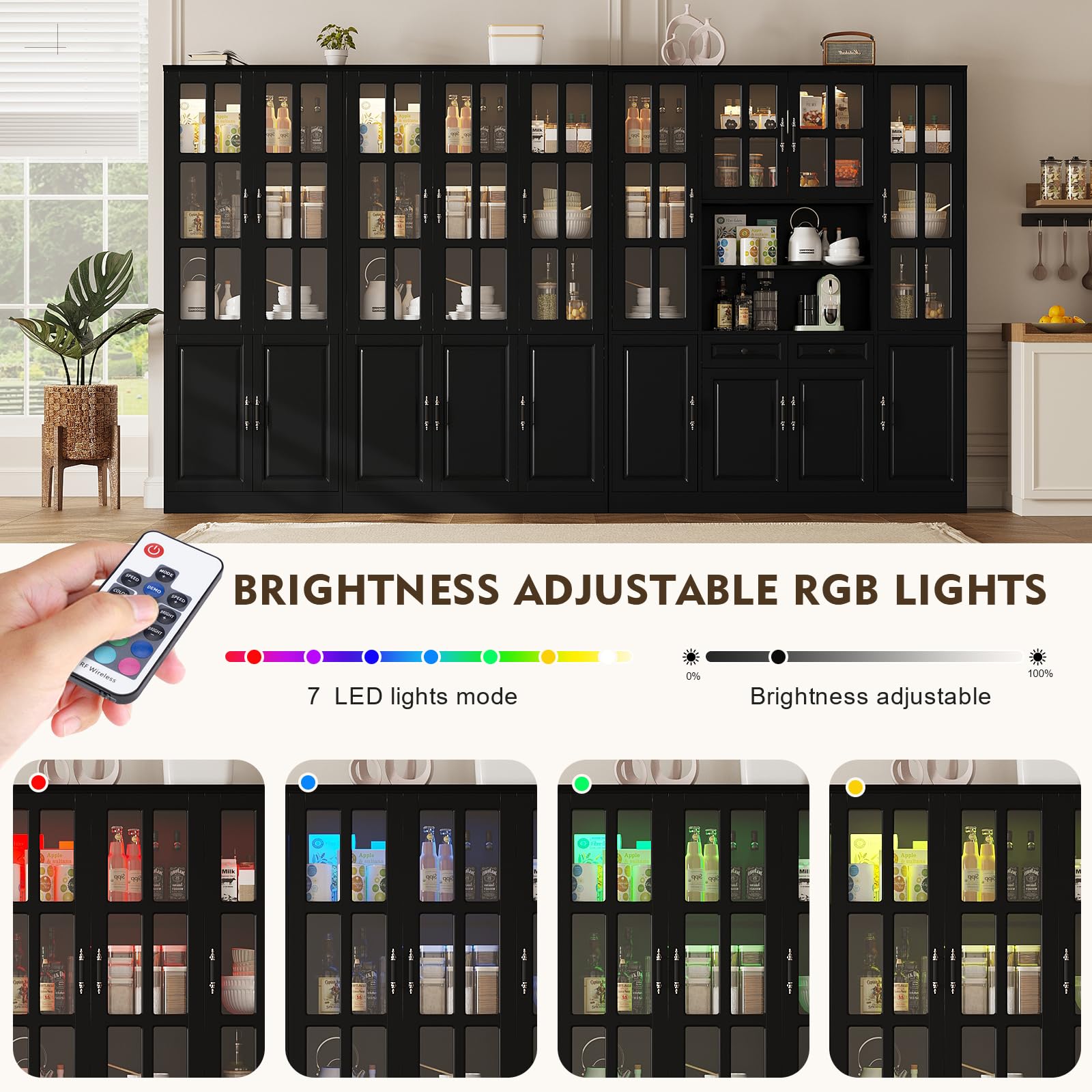 MEISSALIVVE Kitchen Pantry Storage Cabinet with LED Lights, 78.7" Tall with Glass Doors & Drawers, Freestanding Utility Cabinet, Black (31.5" W x 15.7" D)