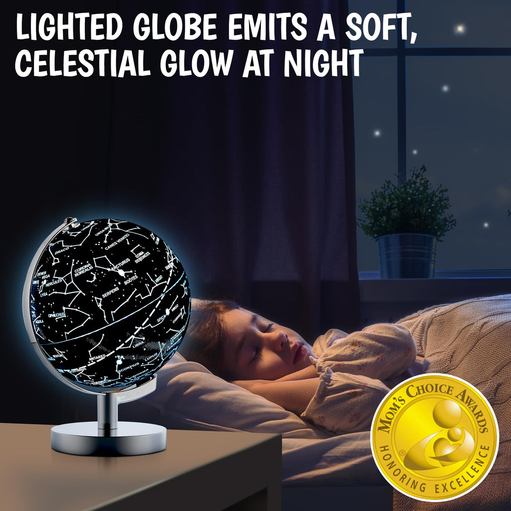 USA Toyz Illuminated Globe for Kids Learning- 3-in-1 STEM Globes of the World with Stand, Constellation Map, Built-in LED Night Light Desk Globe Lamp, Non-Tip Metal Base, 9.75” Tall, 7 Inch Diameter