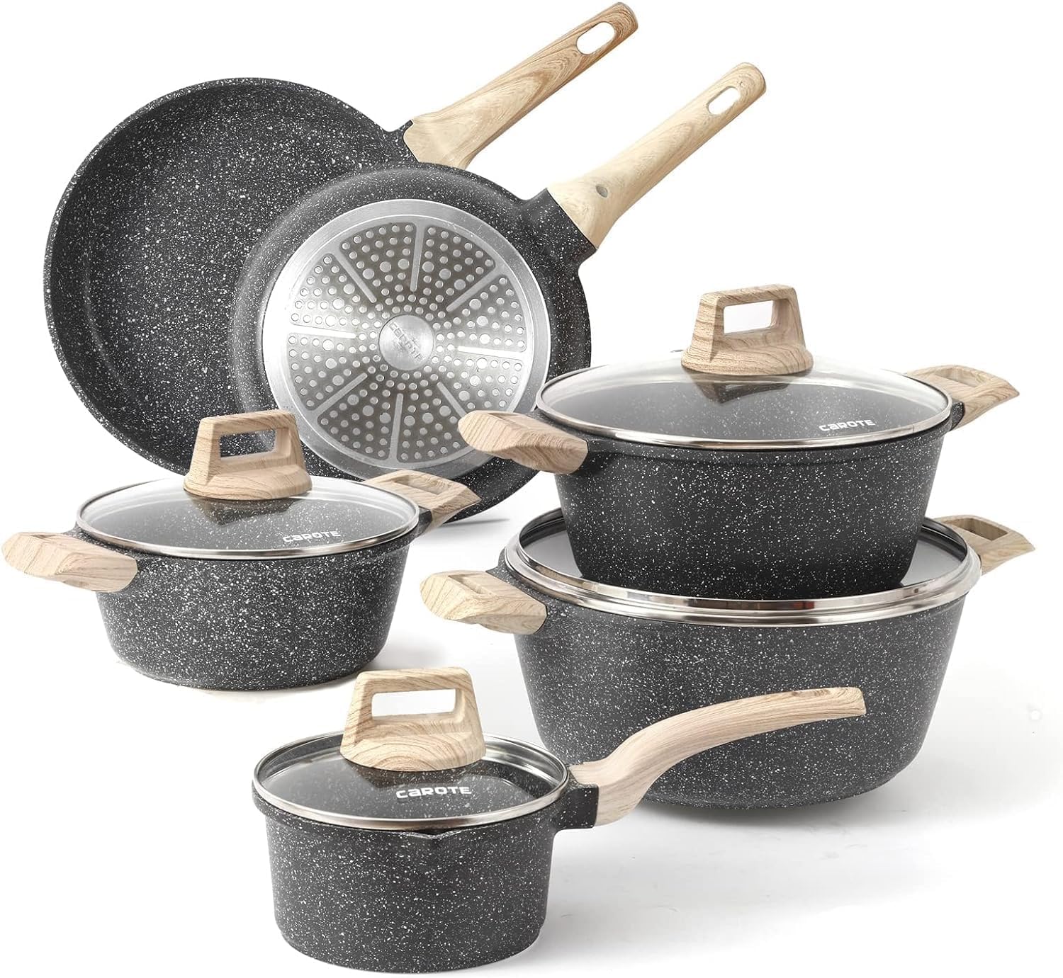 CAROTE 21pcs Pots and Pans Set Nonstick, Cookware Set Black Induction Kitchen Cooking Set w/Frying Pans & Saucepans(PFOS, PFOA Free)