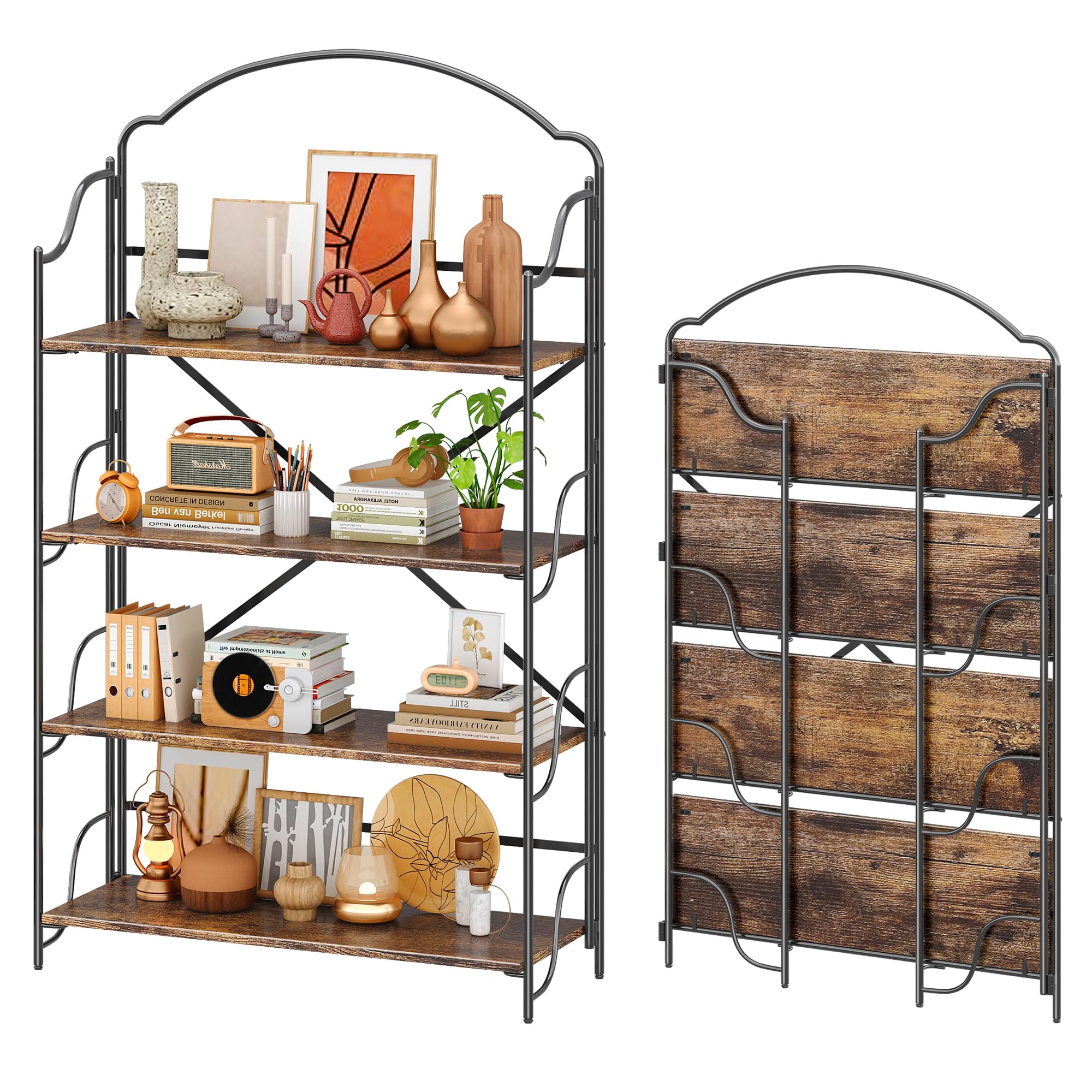 4NM No Assembly Folding Bookshelf, 3 Tiers Collapsible Book Shelves Open Industrial Foldable Storage Bookcase Shelf for Bedroom, Living Room, Home Office - Natural and White