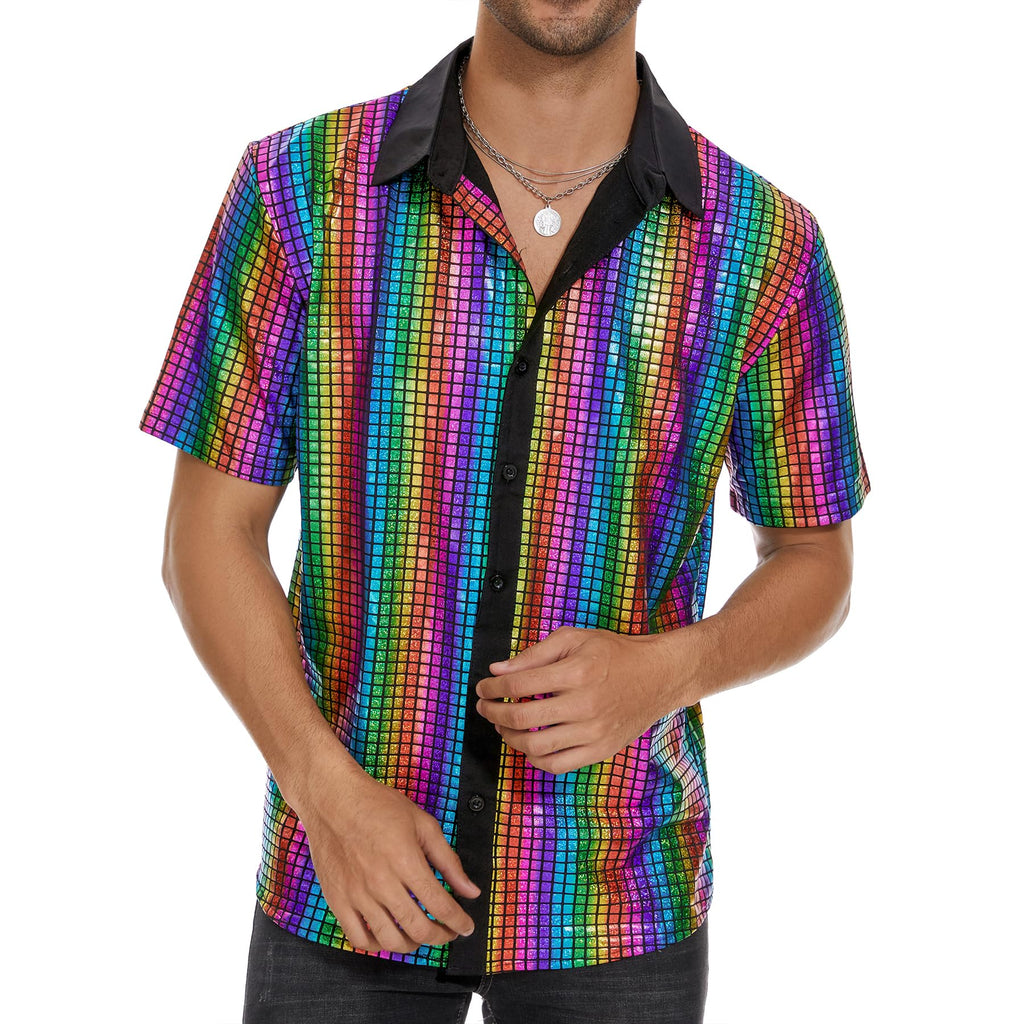 Zando Men's Sequin 70s 80s Disco Shirt - Retro Short Sleeve Button Up Costume Halloween New Year Party Outfit Top & Clubwear