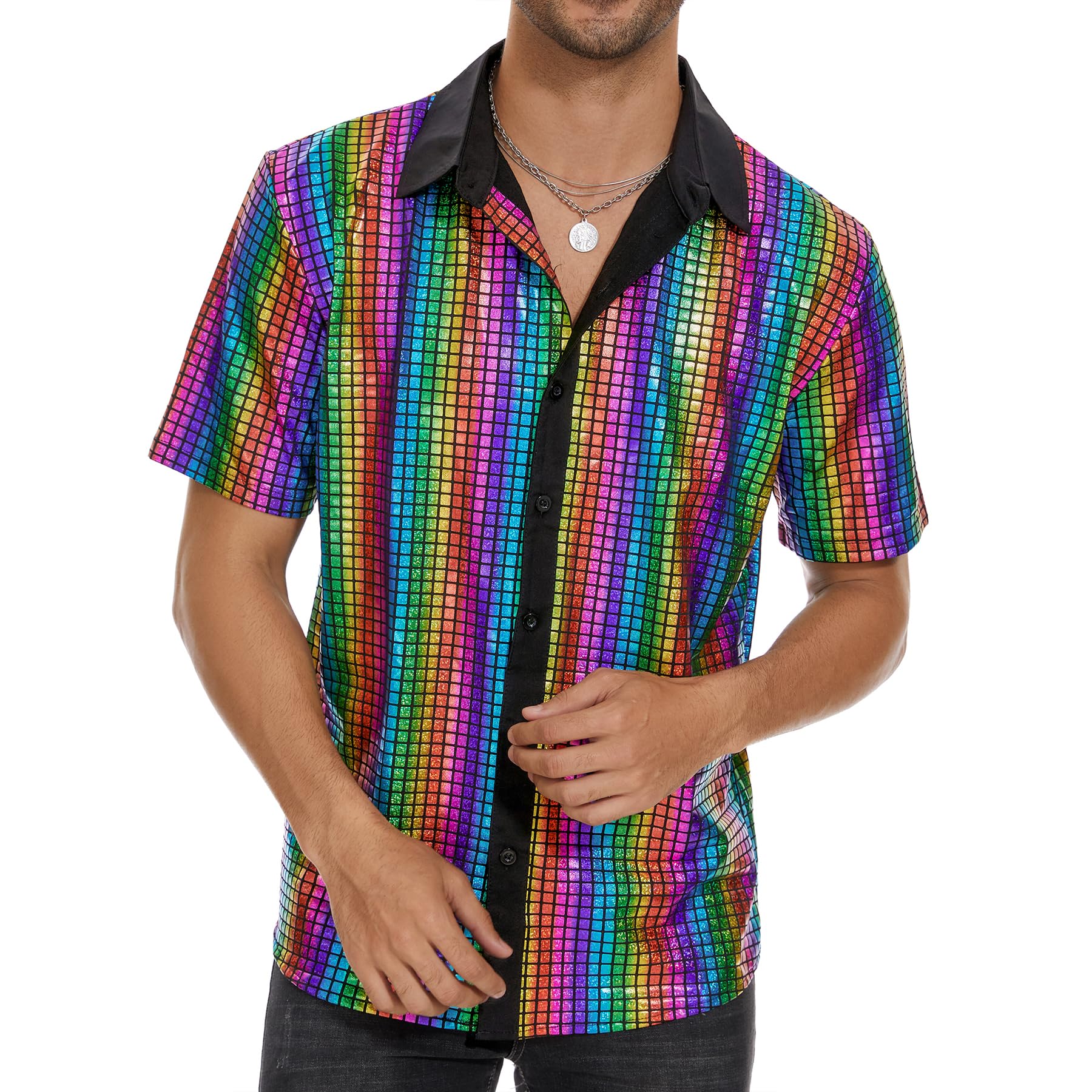 Zando Men's Sequin 70s 80s Disco Shirt - Retro Short Sleeve Button Up Costume Halloween New Year Party Outfit Top & Clubwear