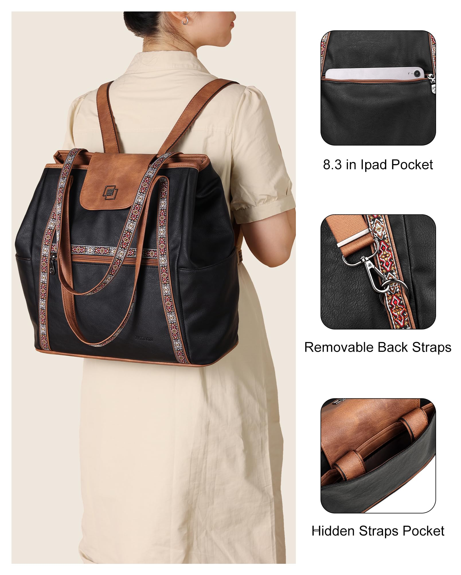 FADEON Large Laptop Tote Bag for Women Designer Leather Laptop Bag Fashion Travel Backpack Purse Shoulder Handbag
