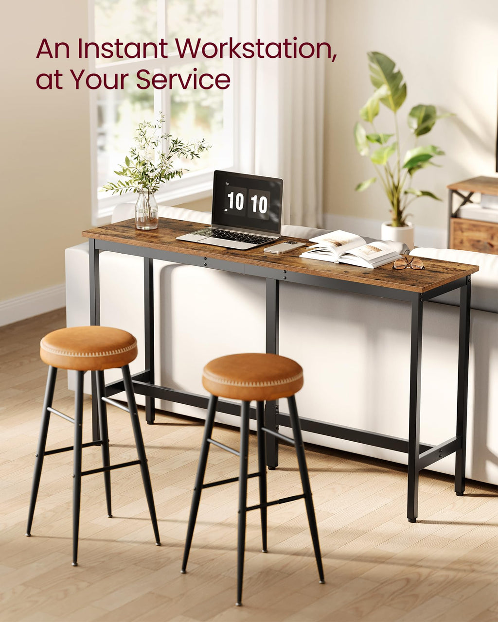 VASAGLE Bar Table, Kitchen Dining Table, High Top Pub Table, Bar Height Cocktail Table for Living Room Party, Sturdy Metal, 15.7 x 39.4 x 35.4 Inches for Narrow Spaces, Ebony Black and Ink Black