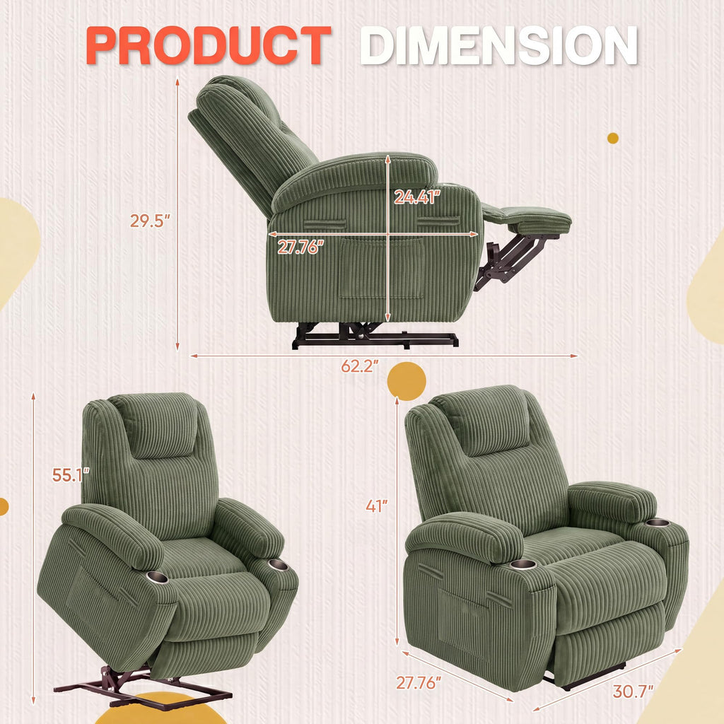 Furmax Electric Power Lift Recliner Chair with Massage for Elderly Corduroy Fabric Recliner Single Sofa with Cup Holders, Side Pockets and Remote Control for Living Room Bedroom (Leathaire, Brown)