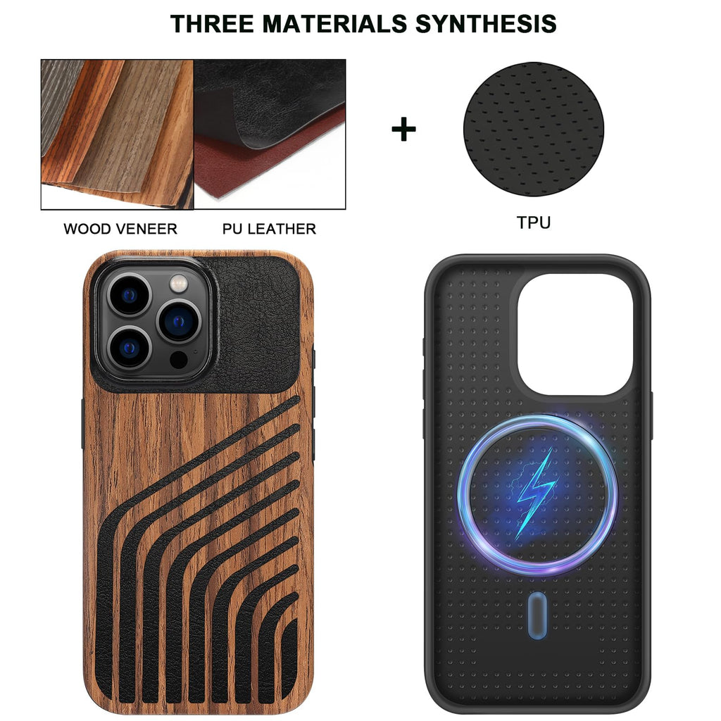TENDLIN Compatible with iPhone 15 Case Wood Grain with Carbon Fiber Texture Design Leather Hybrid Slim Case (Black)