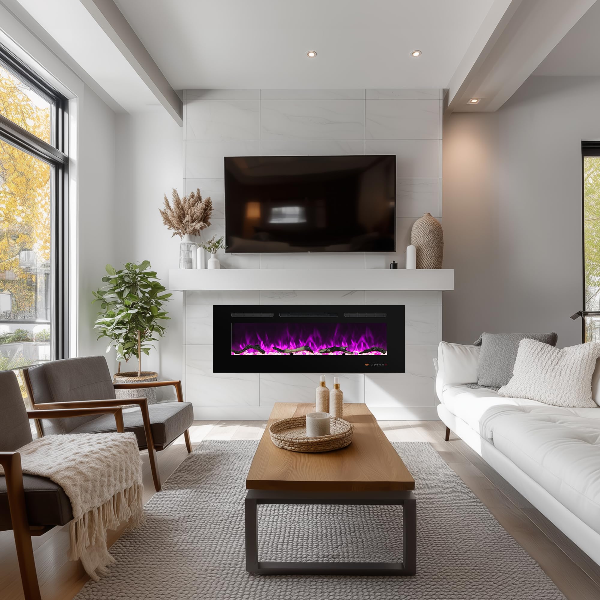 Electric Fireplace 30 inch Wide, Wall Mounted Fireplace Inserts Electric Heater, 13 * 13 Flame Effects Like Real Flame, Low Noise, Timer & Thermostat Setting, 750W/1500W, Black