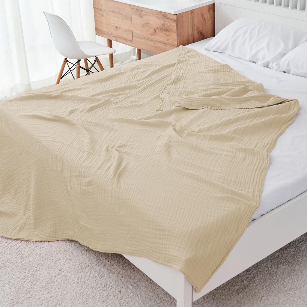 Cosy Family 4 Layer Muslin Bed Blanket - Breathable and Lightweight Gauze Boho Blanket for Spring, Soft 100% Cotton Muslin Blanket, Brown, 55x80 Inches
