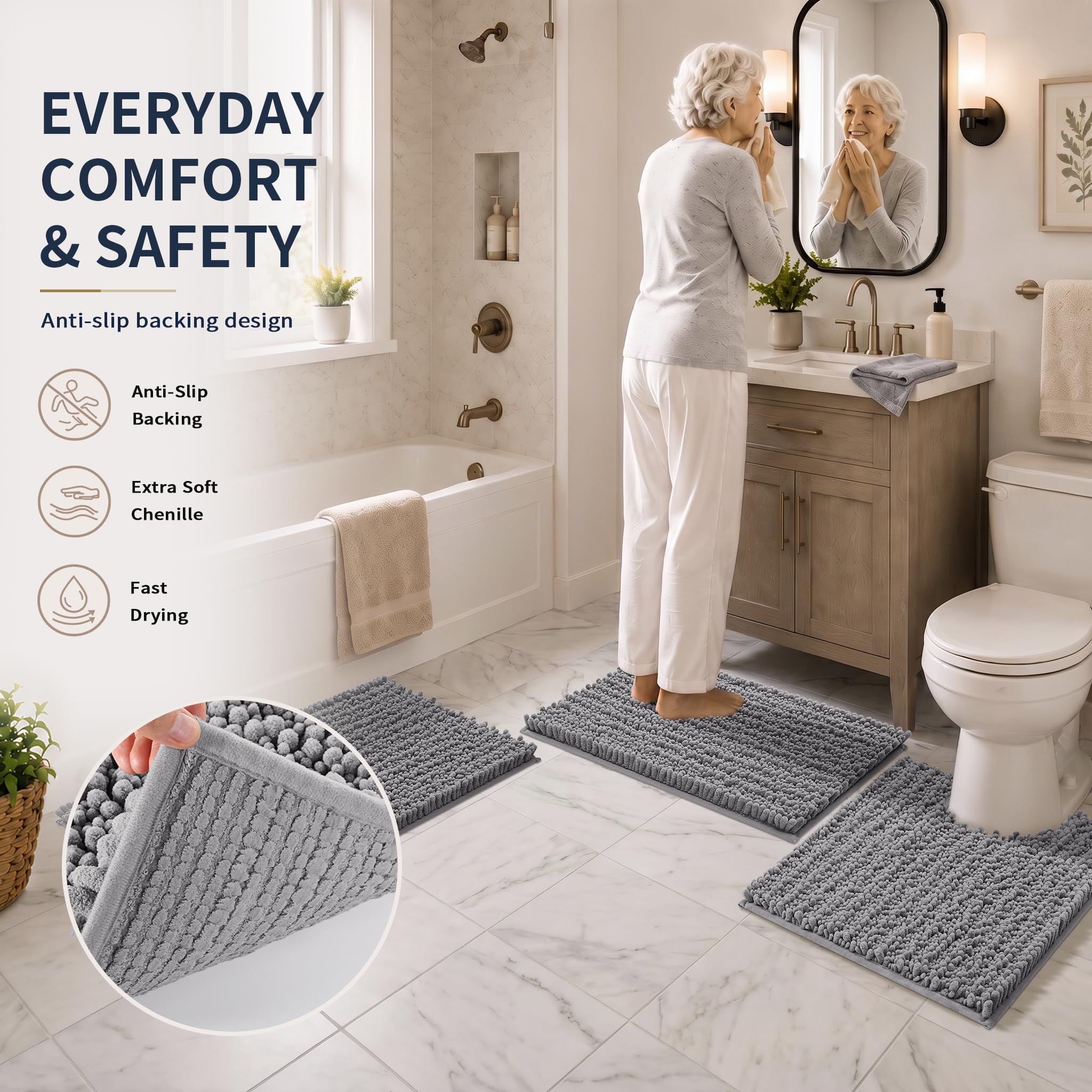 Yimobra Black Bathroom Rug Set 3 Piece - Super Absorbent Quick Dry Chenille Bath Mats & Toilet Rug, Non Slip Machine Washable, Extra Thick Shaggy Floor Mat for Shower Tub Sink