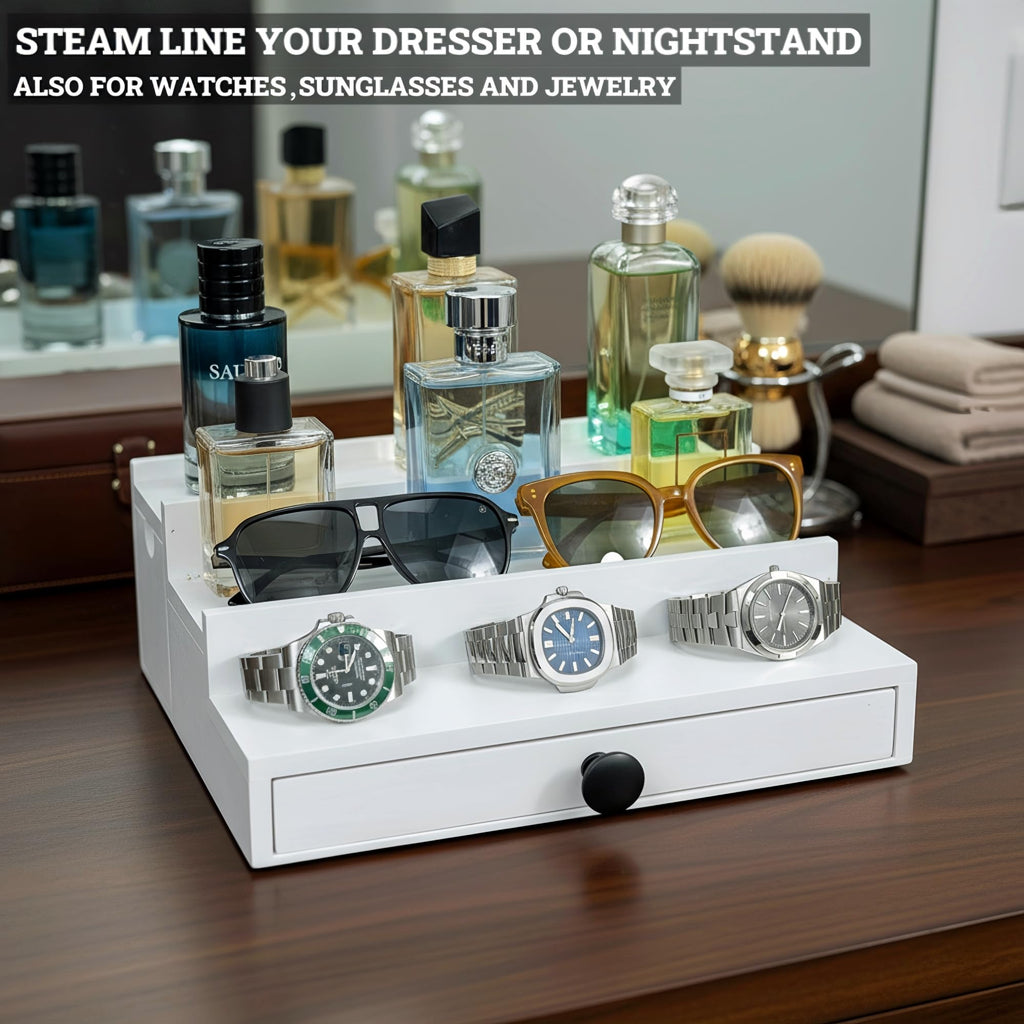 Wooden Cologne Organizer for Men 3 Tier | Black Perfume Holder Shelf for Dresser | High Grade Velvet Lining and Stylish Gift Box | Uncluttered Design Perfume Display Stand
