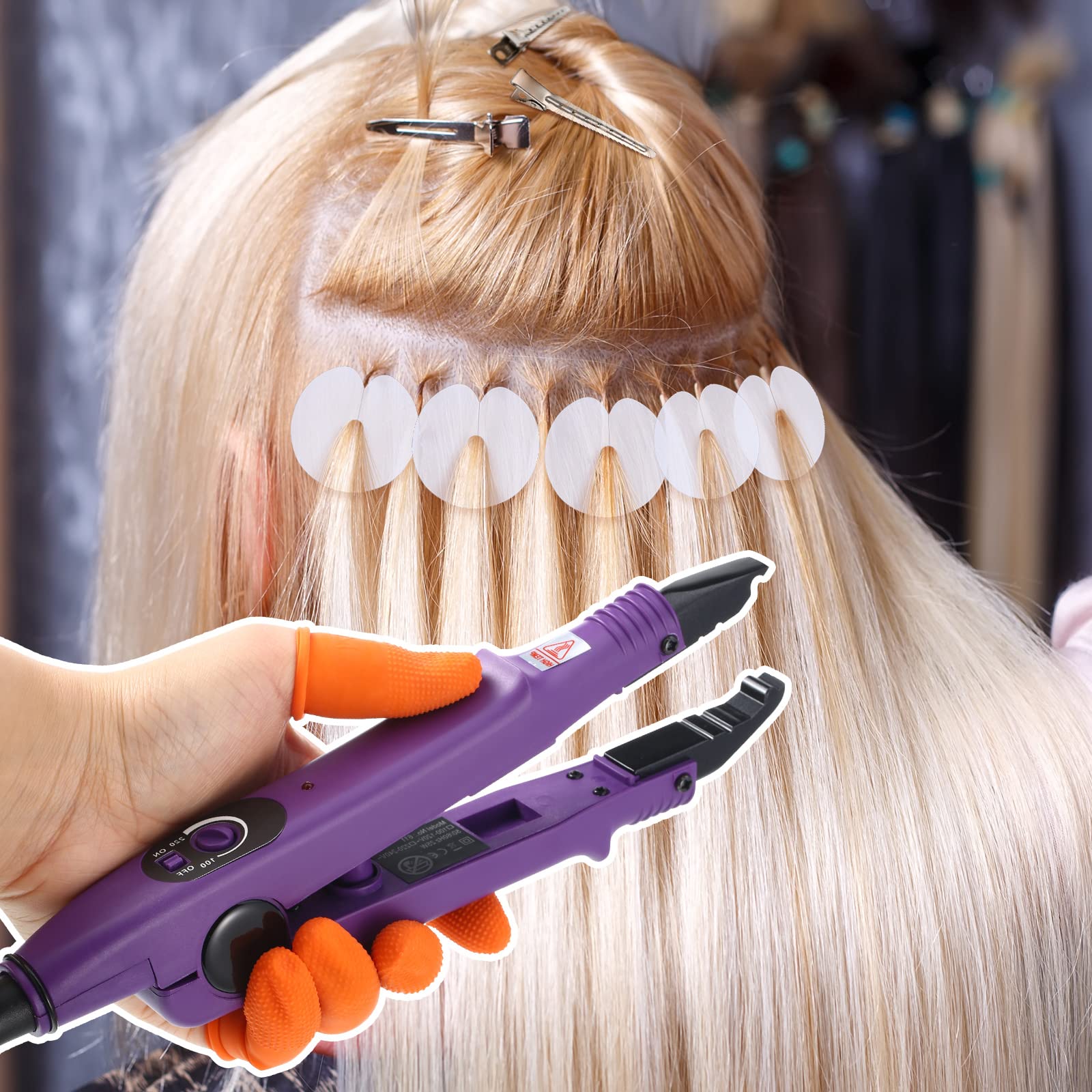 Hair Extensions Iron Fusion Keratin Hair Extensions Heat Tool Heat Connector Wand with Fusion Glue Protector Template Hair Clip Finger Protector 2 Bag Keratin Glue Granule Bead(Black)