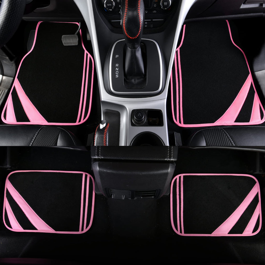 CAR PASS Car Seat Covers Full Set for Women Girls with Waterproof Car Floor Mats,Anti-Slip Leather Steering Wheel Cover,Universal Fit for SUVs,Vans,Trucks,Sedans,Cars (Combo Set,Black & Pink)