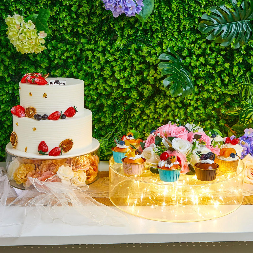 Sunnyray 2 Pcs Acrylic Cake Stands for Dessert Table Clear Fillable Cake Riser Cupcake Tier with LED Strings for Birthday Wedding Holiday Party Display(6'', 8'')