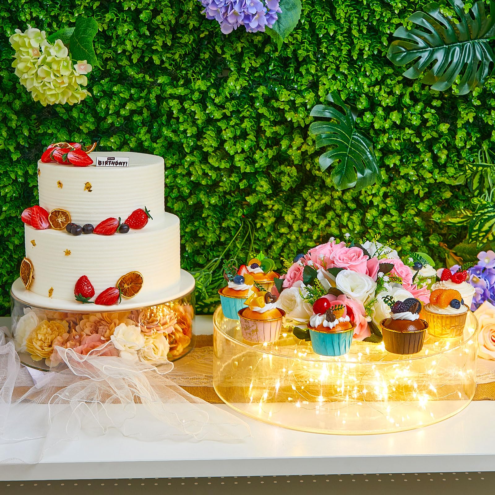 Sunnyray 2 Pcs Acrylic Cake Stands for Dessert Table Clear Fillable Cake Riser Cupcake Tier with LED Strings for Birthday Wedding Holiday Party Display(6'', 8'')