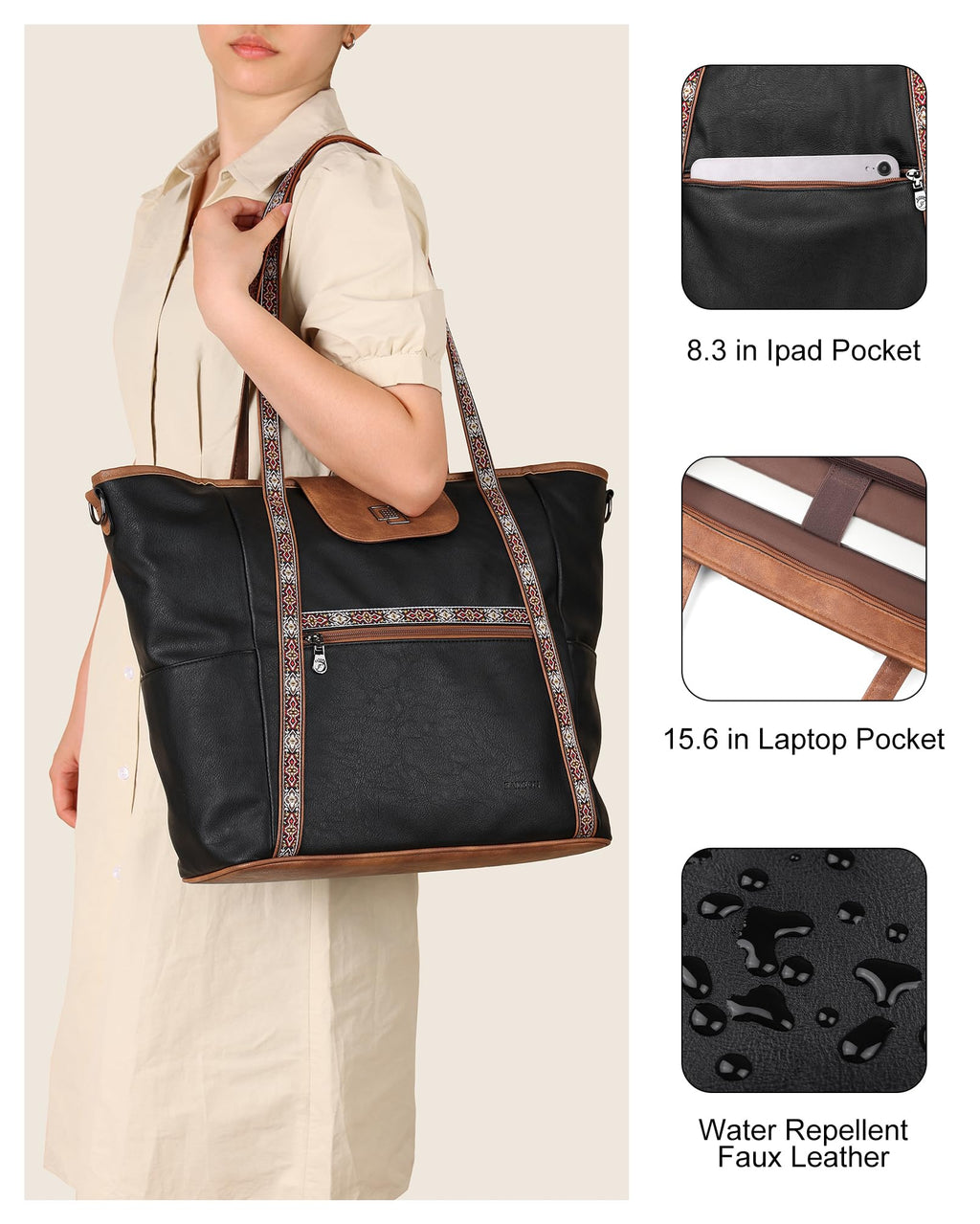 FADEON Large Laptop Tote Bag for Women Designer Leather Laptop Bag Fashion Travel Backpack Purse Shoulder Handbag
