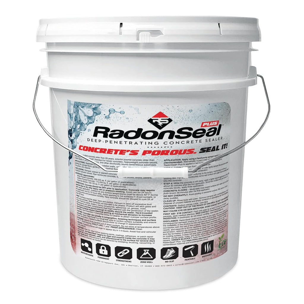 RadonSeal Plus Concrete Sealer – Deep Penetrating Waterproofing for Basement Floors, Foundation Walls & Concrete Block – Reduces Moisture & Strengthens Concrete (5 Gallon)