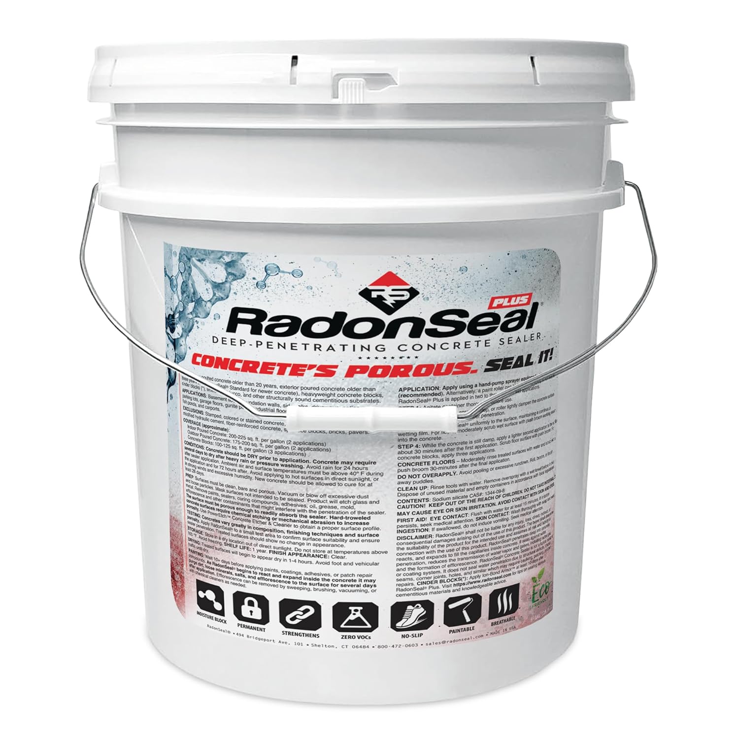 RadonSeal Plus Concrete Sealer – Deep Penetrating Waterproofing for Basement Floors, Foundation Walls & Concrete Block – Reduces Moisture & Strengthens Concrete (5 Gallon)