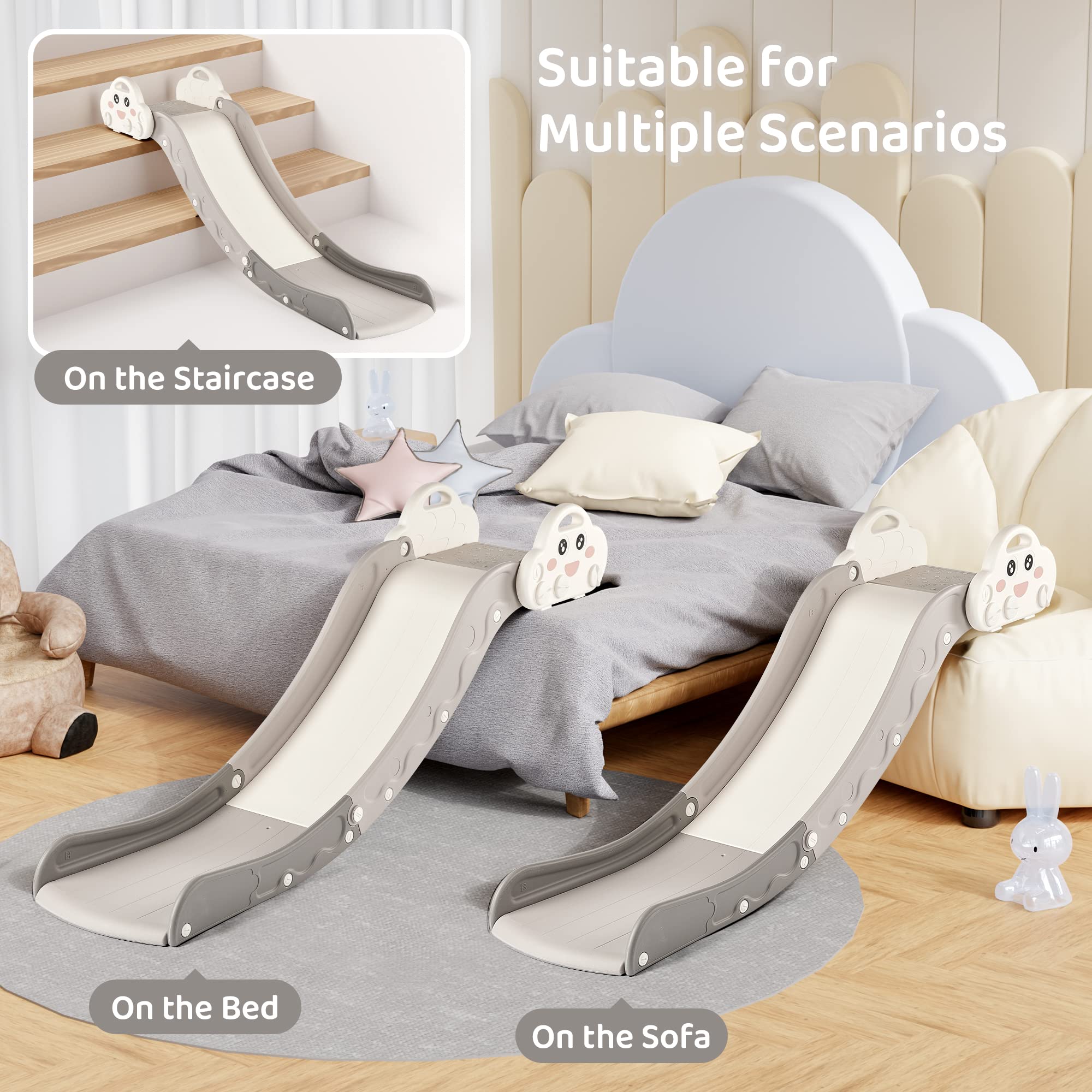 Indoor Kids Baby Couch Slide for Toddler 1-3, Sofa Slide Add-on Attachment for Bed Nugget Playgrounds, with Secure Base Guardrail, Gentle Slope Extended Buffer Zone, Fun Car Design, Blue