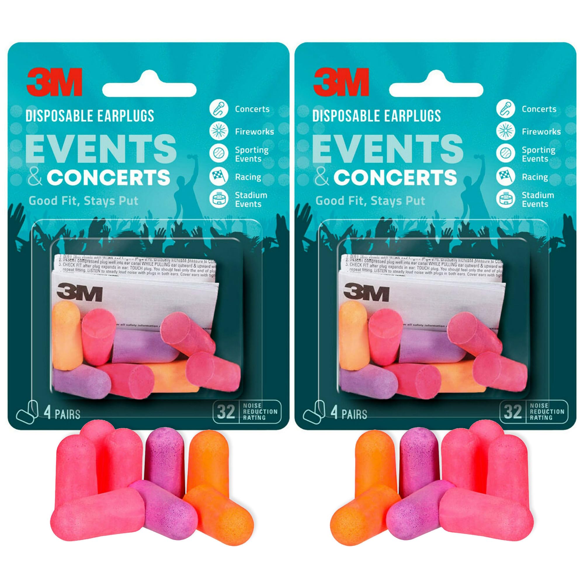 3M Disposable Earplugs Events & Concerts, 4 Pairs (8 Total Plugs), Noise Reduction Rating (NRR) 32 dB, Good Fit, Stays Put, Soft & Smooth Ear Plug Design, Easy To Insert & Remove (EPEC-4BC-SIOC)