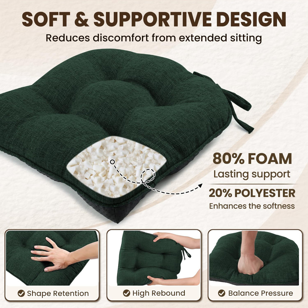 downluxe Indoor Chair Cushions for Dining Chairs, Tufted Overstuffed Textured Kitchen Chair Pads with Ties and Non-Slip Backing, 15.5" x 15.5" x 4", Aqua Blue, 4 Pack