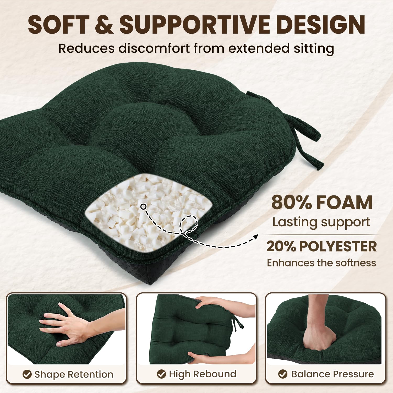 downluxe Indoor Chair Cushions for Dining Chairs, Tufted Overstuffed Textured Kitchen Chair Pads with Ties and Non-Slip Backing, 15.5" x 15.5" x 4", Aqua Blue, 4 Pack