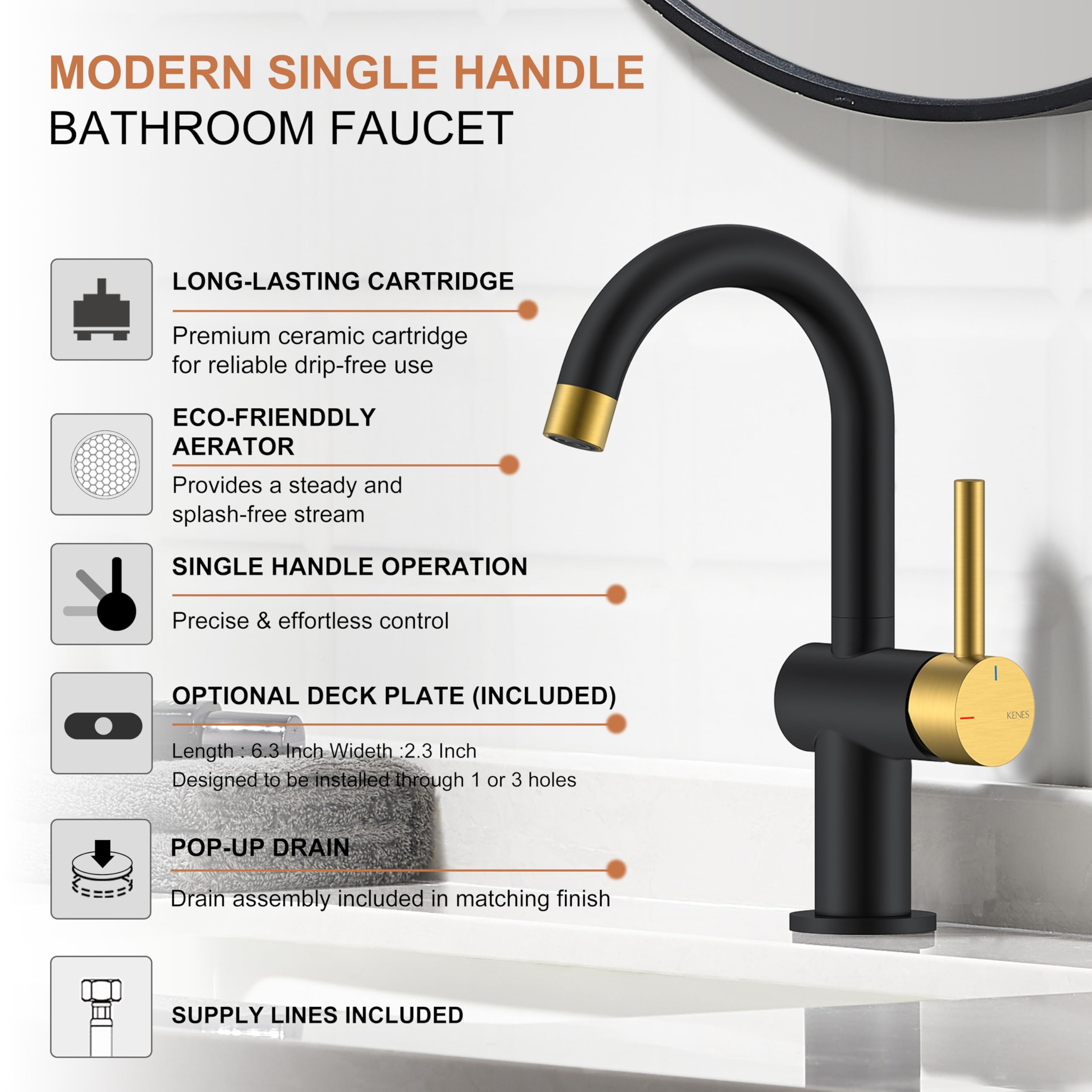 KENES Black and Gold Single Handle Bathroom Sink Faucet, Modern Prep Wet Bar Sink Faucet with Drain Assembly & Deck Plate, Vanity Faucets for Farmhouse RV Camper Utility, KE-9005B-BG