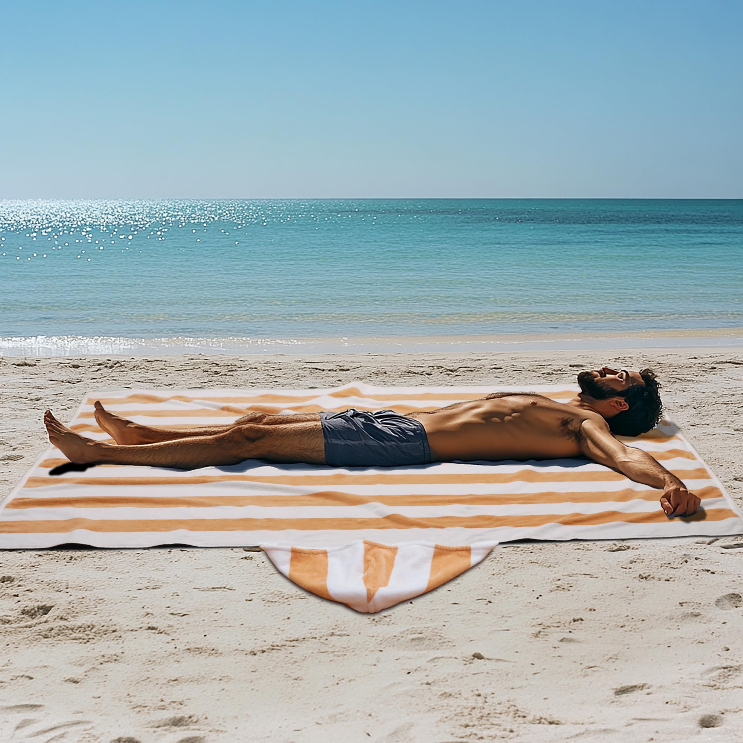 COTTON CRAFT Ombre Stripe Extra Wide Beach Towel for Two - 58x68 - Pure Cotton - Double Woven Jacquard Thick Plush Super Soft Luxurious Velour Pile - Pool Picnic Bath - 450 GSM - Blue