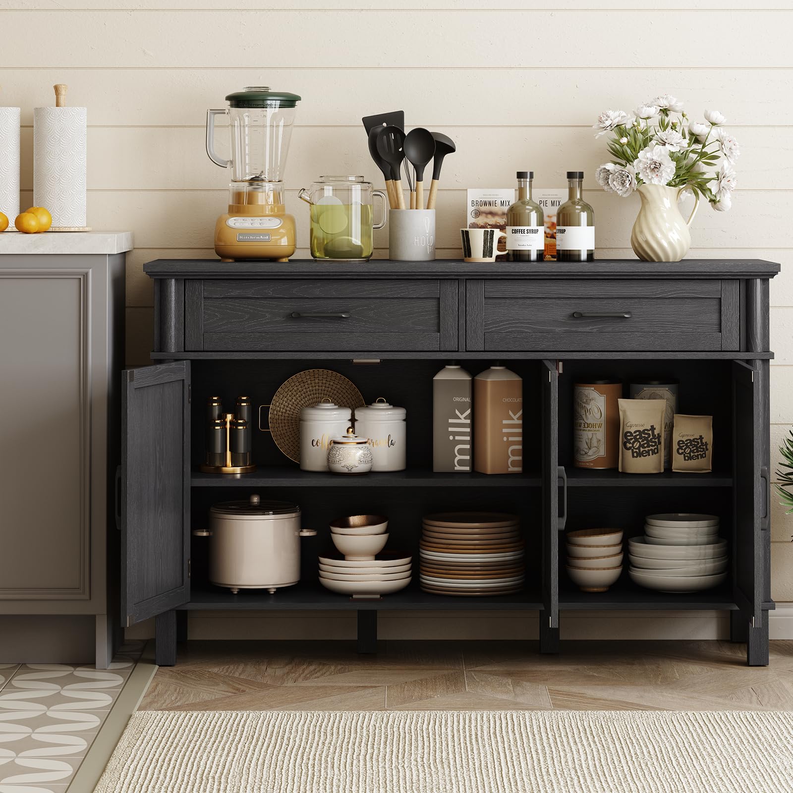 ONBRILL 48 Inches Buffet Cabinet with Storage, Farmhouse Sideboard Buffet w/2 Drawers and 3 Doors, Wood Coffee Bar Cabinet with Adjustable Shelves, Sideboard Storage for Kitchen, Living Room, Black
