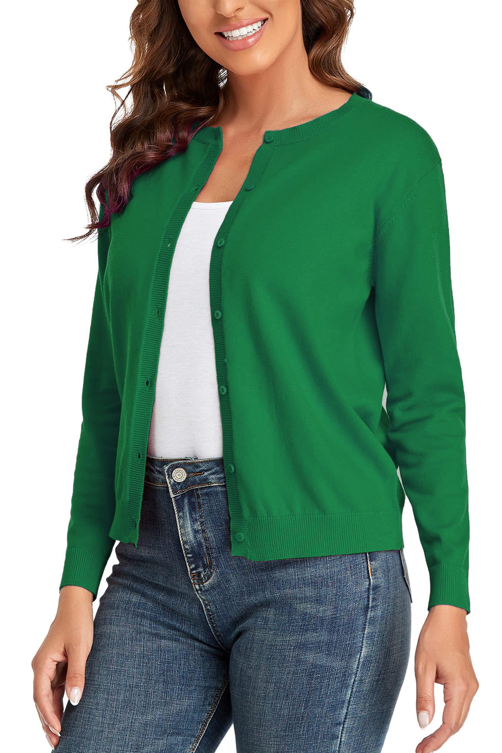 CUNYI Women's Crew Neck Cardigan Long Sleeve Sweater for Women Button Down Soft Knit Ladies Cardigan Sweates Coat