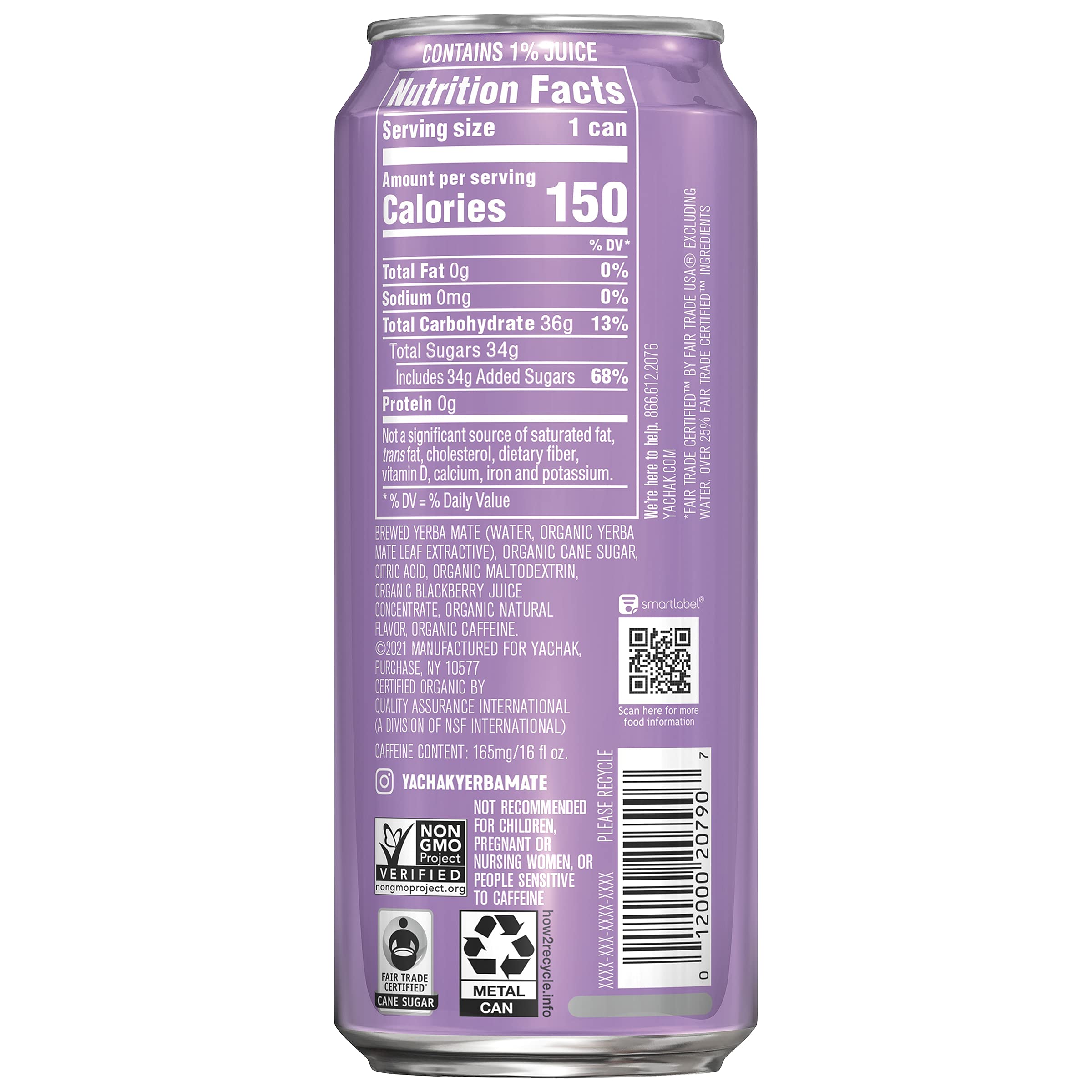 Yachak Yerba Mate Drink, Blackberry, 16 Fl Oz Cans, Pack of 12