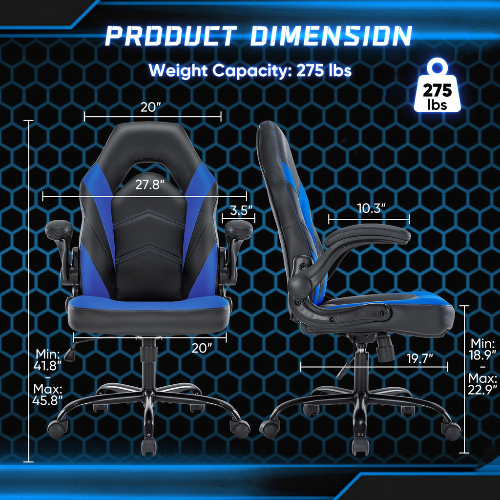 OLIXIS Computer Gaming Desk Chair - Ergonomic Video Game with Comfy Lumbar Support and headrest, PU Leather with Flip-up Arms, Adjustable Height and Swivel Wheels, for Adults, Black
