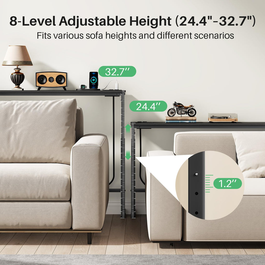 Kitstorack Narrow Sofa Table with Charging Station, 78.8" Behind Couch Table, Adjustable 24.4"-32.7" Height, Modular 2-piece Design for sectionals, entryways, Apartments, and Narrow Living Spaces