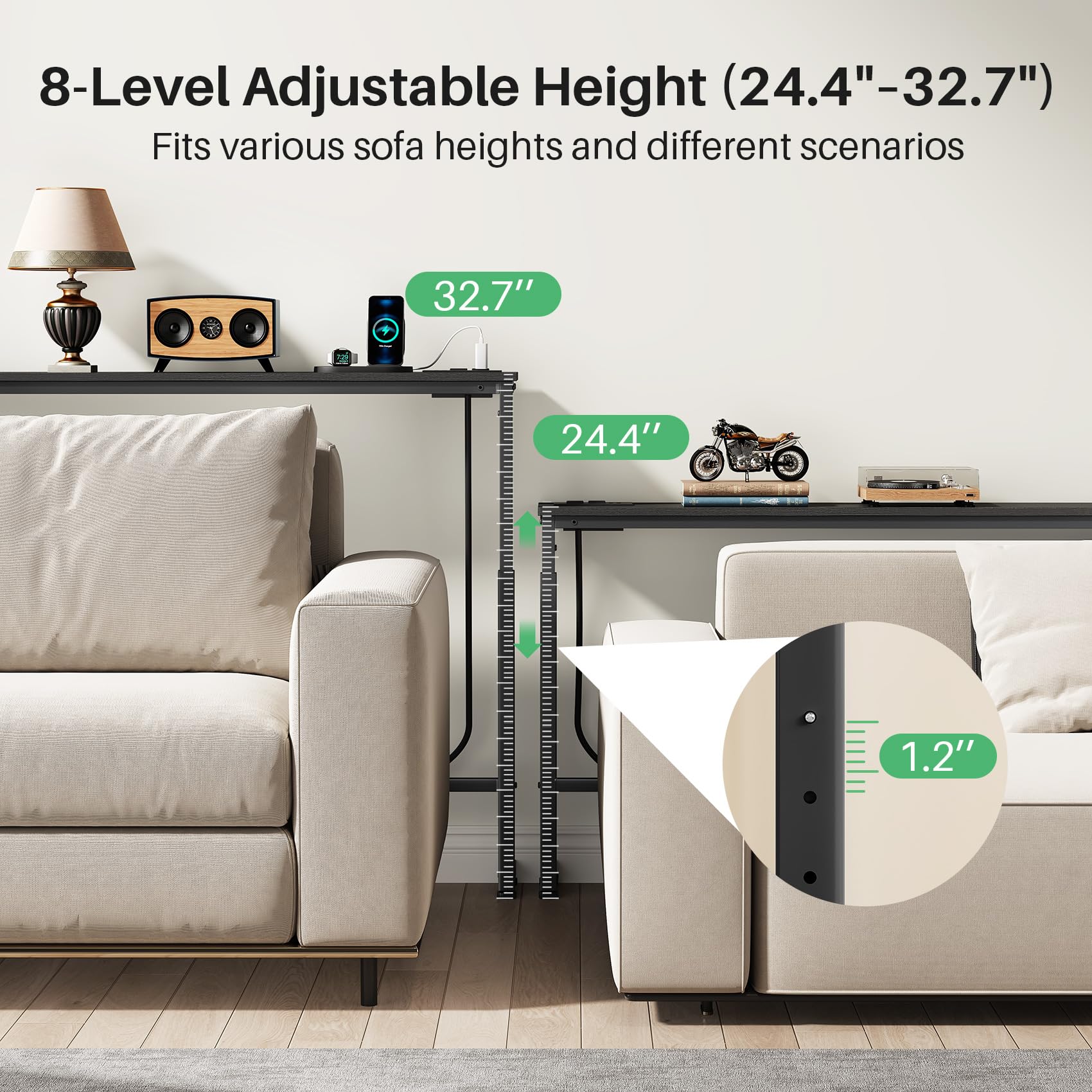 Kitstorack Narrow Sofa Table with Charging Station, 78.8" Behind Couch Table, Adjustable 24.4"-32.7" Height, Modular 2-piece Design for sectionals, entryways, Apartments, and Narrow Living Spaces