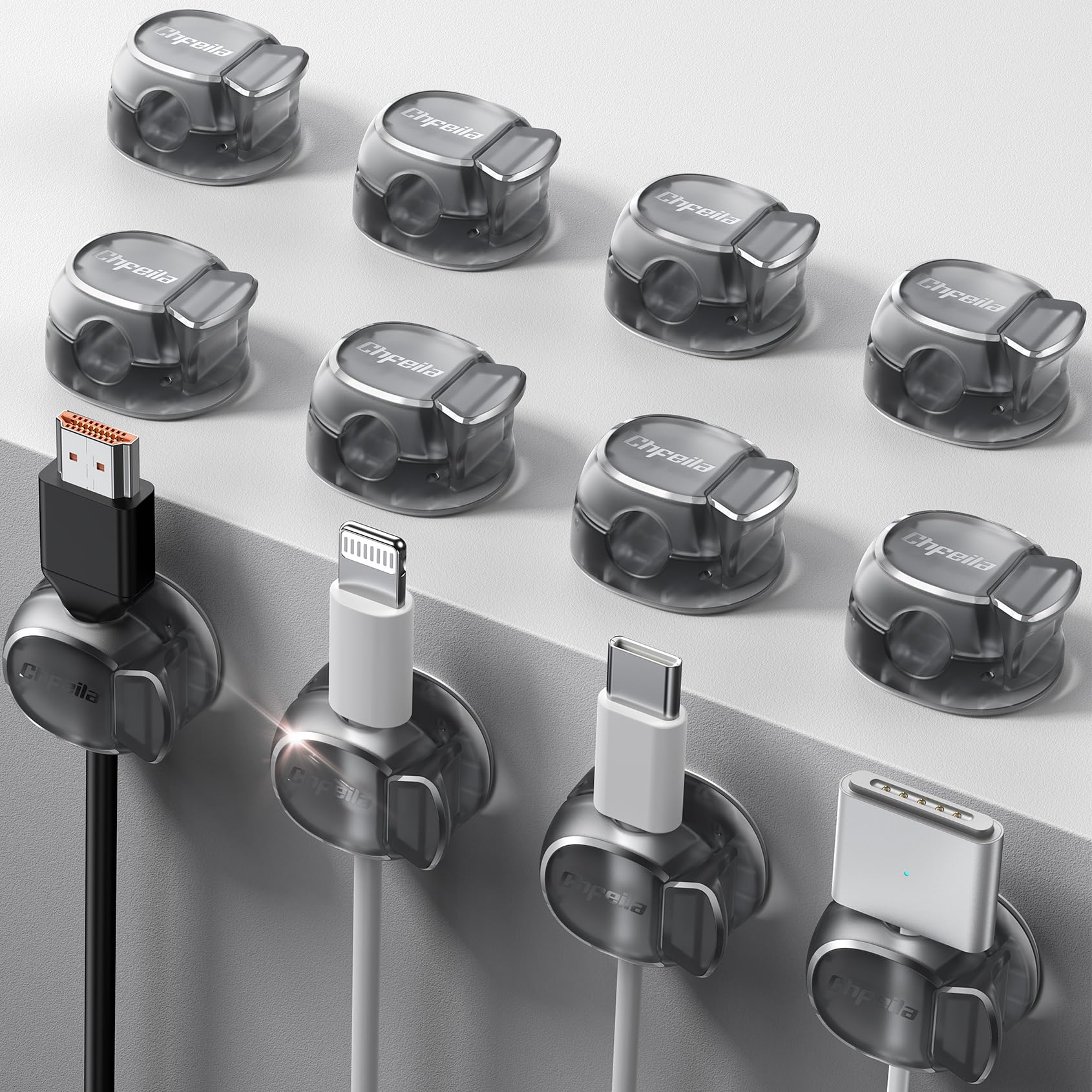 Cable Clips - Chfeila Latest Dual Spring Cord Organizer with Clasp Lock, 6Pack [Max Stability] Desk Cable Management, Adhesive Phone Charging Wire Holder for Nightstand/Car/Wall, Office Accessory